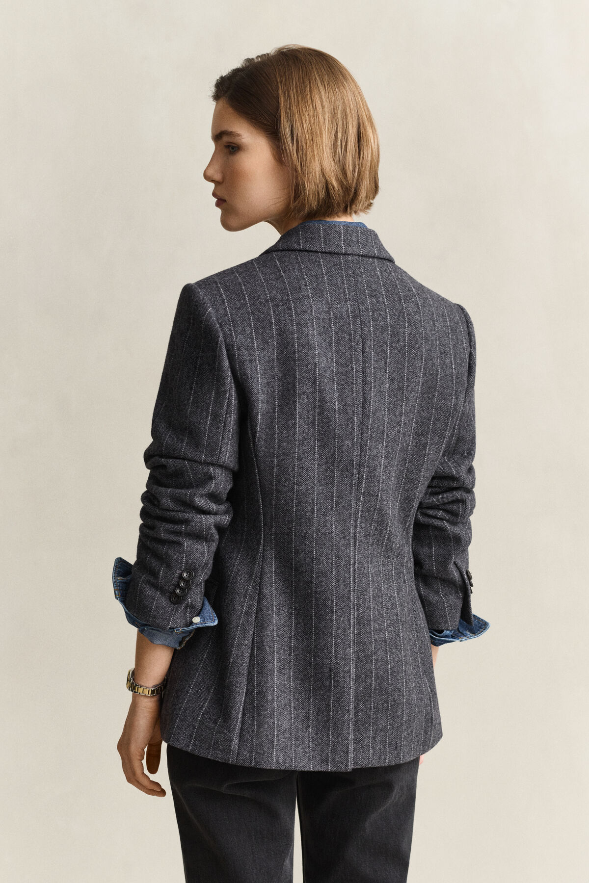 Pinstriped Hourglass Blazer — CHARCOAL MELANGE