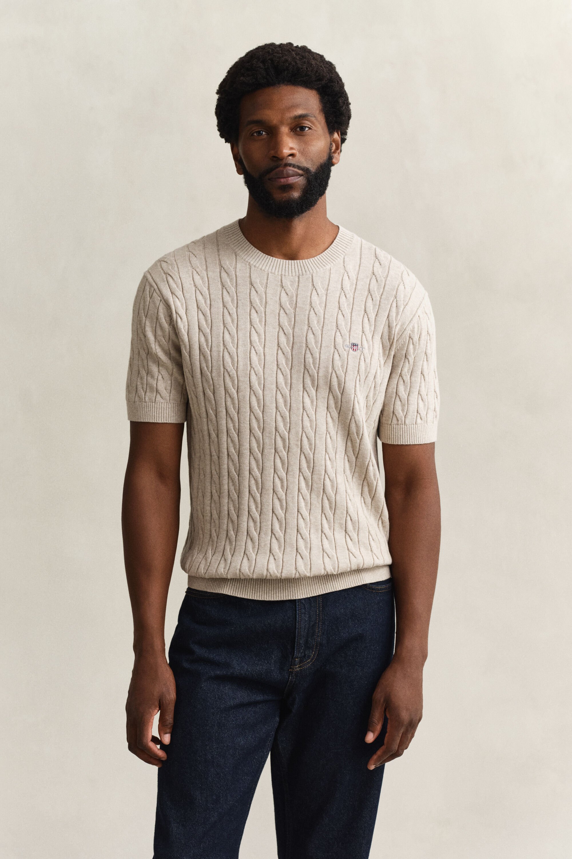 Cotton Cable Knit Short Sleeve Sweater