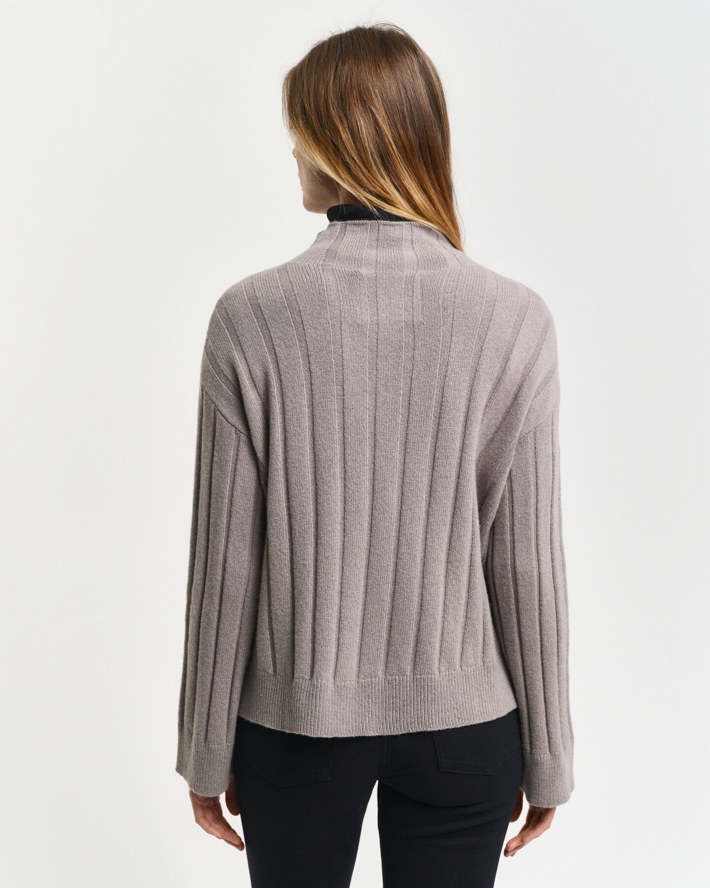 Wide Ribbed Wool Stand Collar Sweater