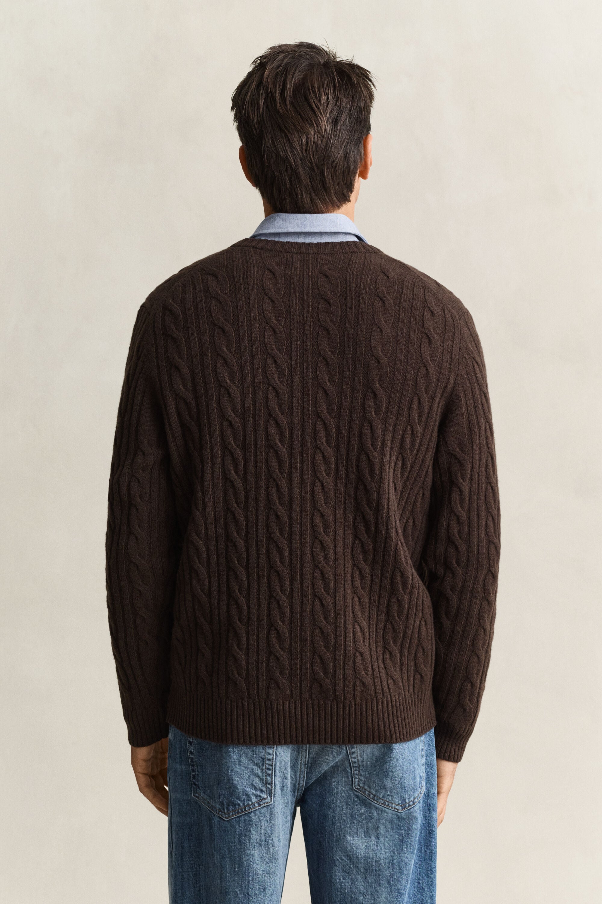 Lambswool Cable Knit Crew Neck Sweater — BLACK BROWN