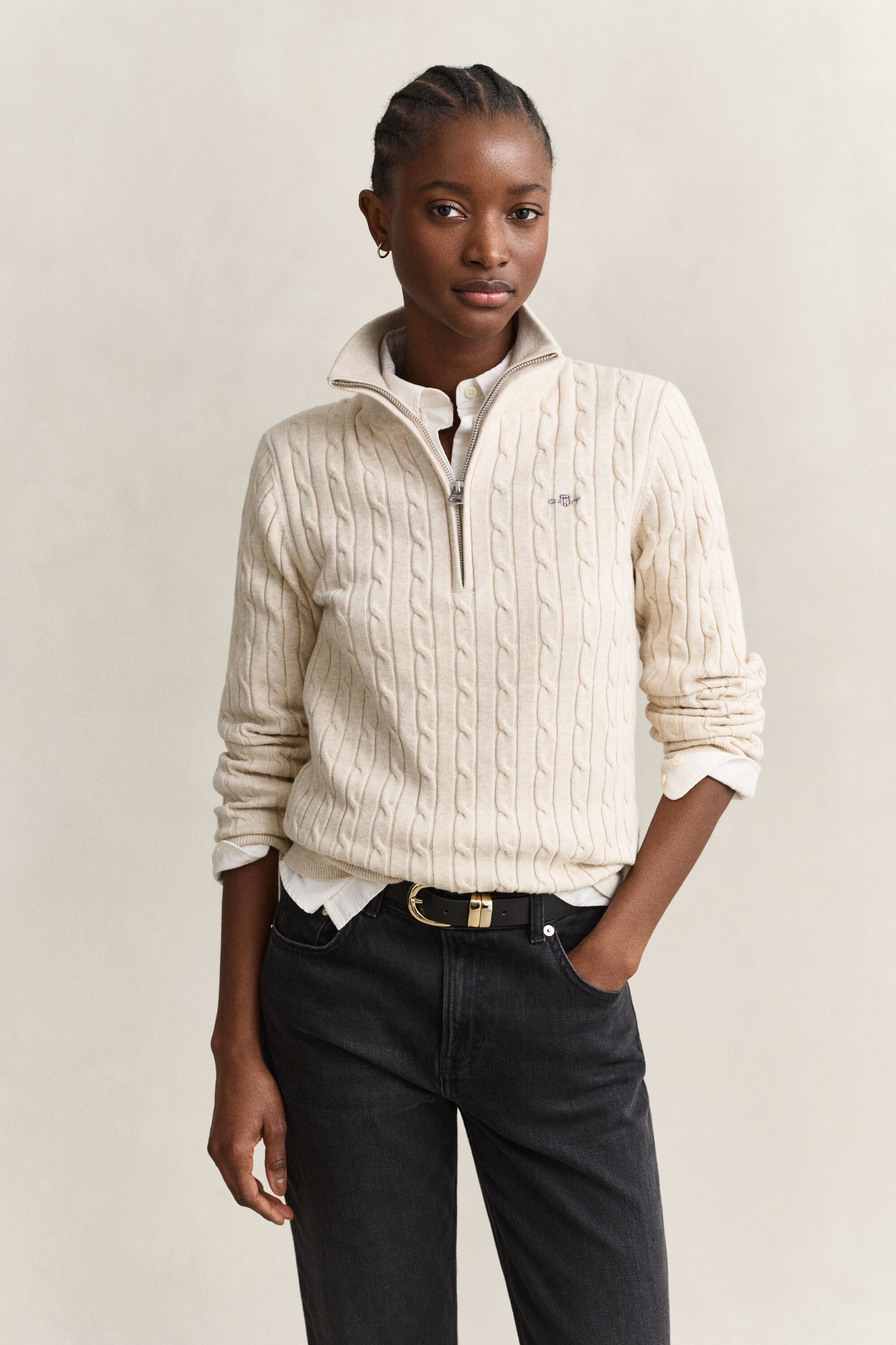 Stretch Cotton Cable Knit Half-Zip Sweater