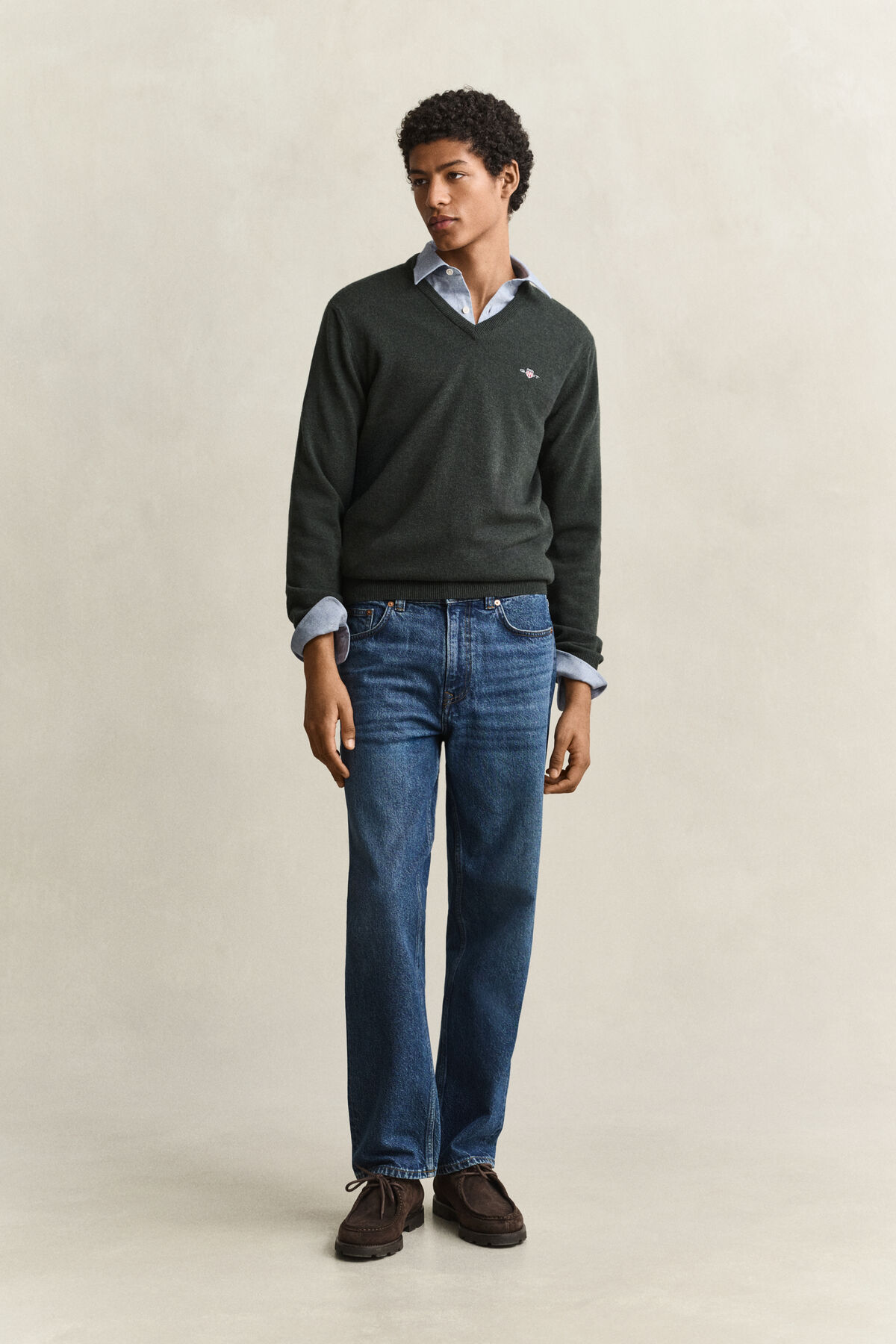 Lambswool V-Neck Sweater — DARK MOSS GREEN