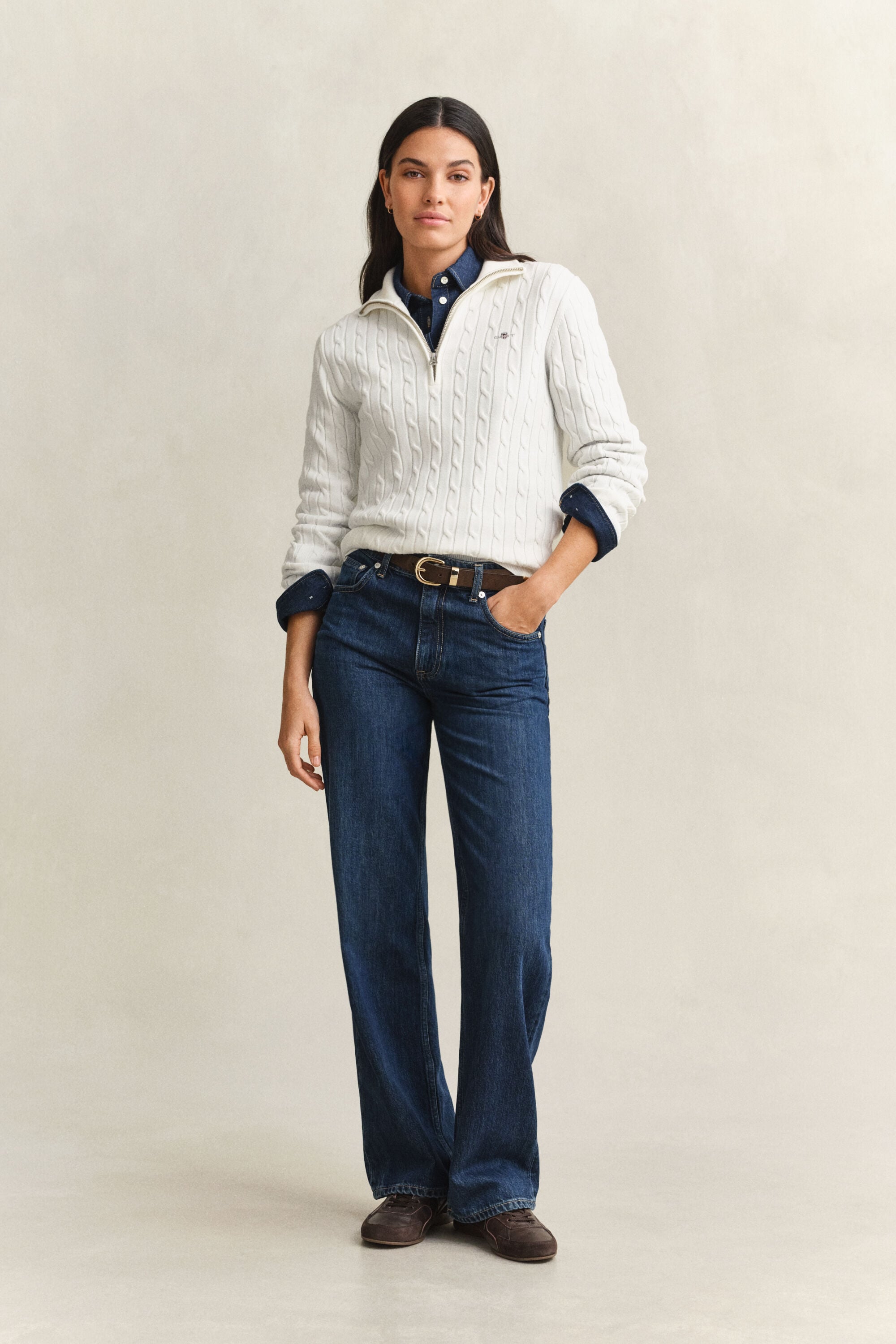 Stretch Cotton Cable Knit Half-Zip Sweater