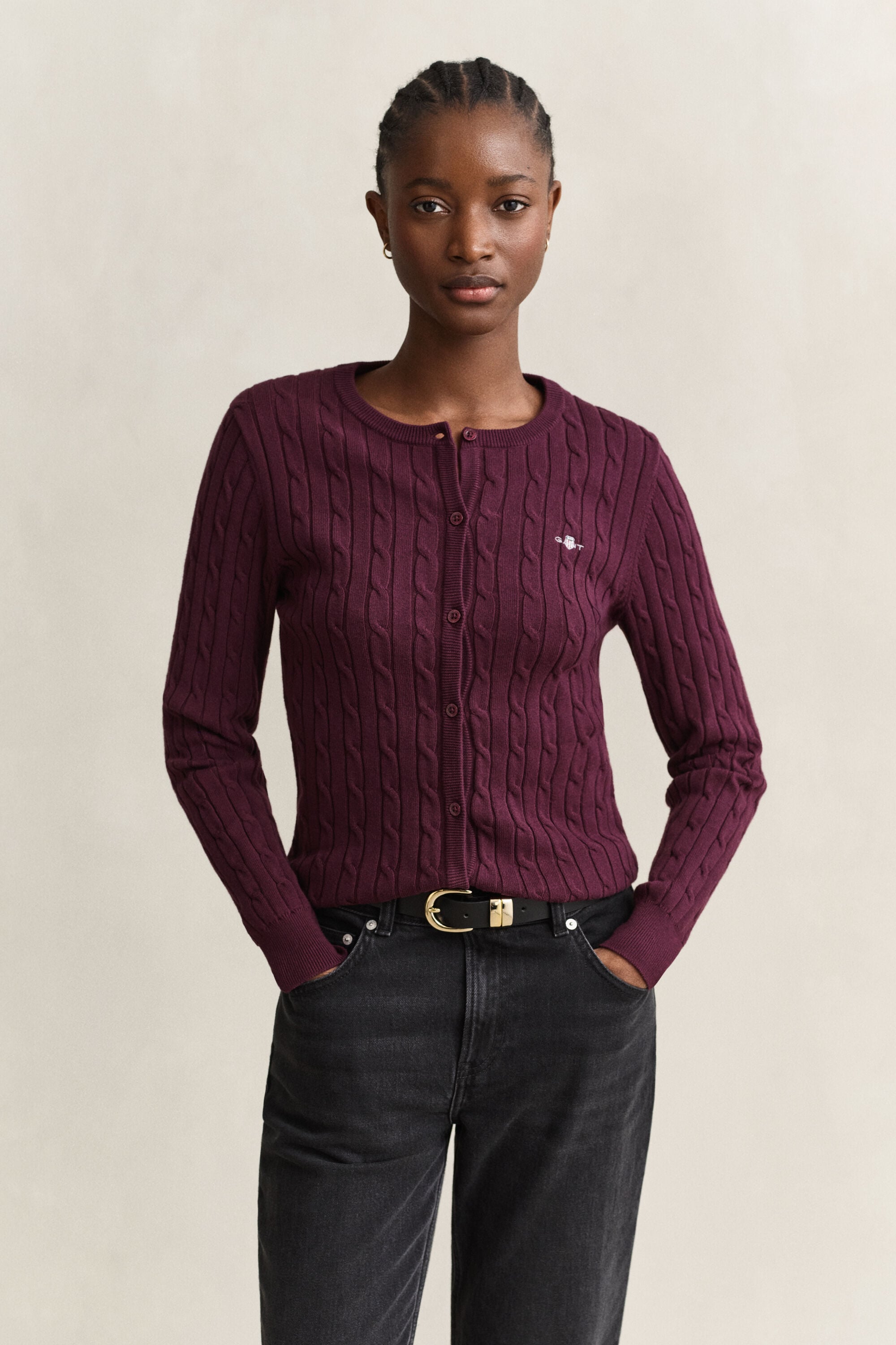 Stretch Cotton Cable Knit Cardigan