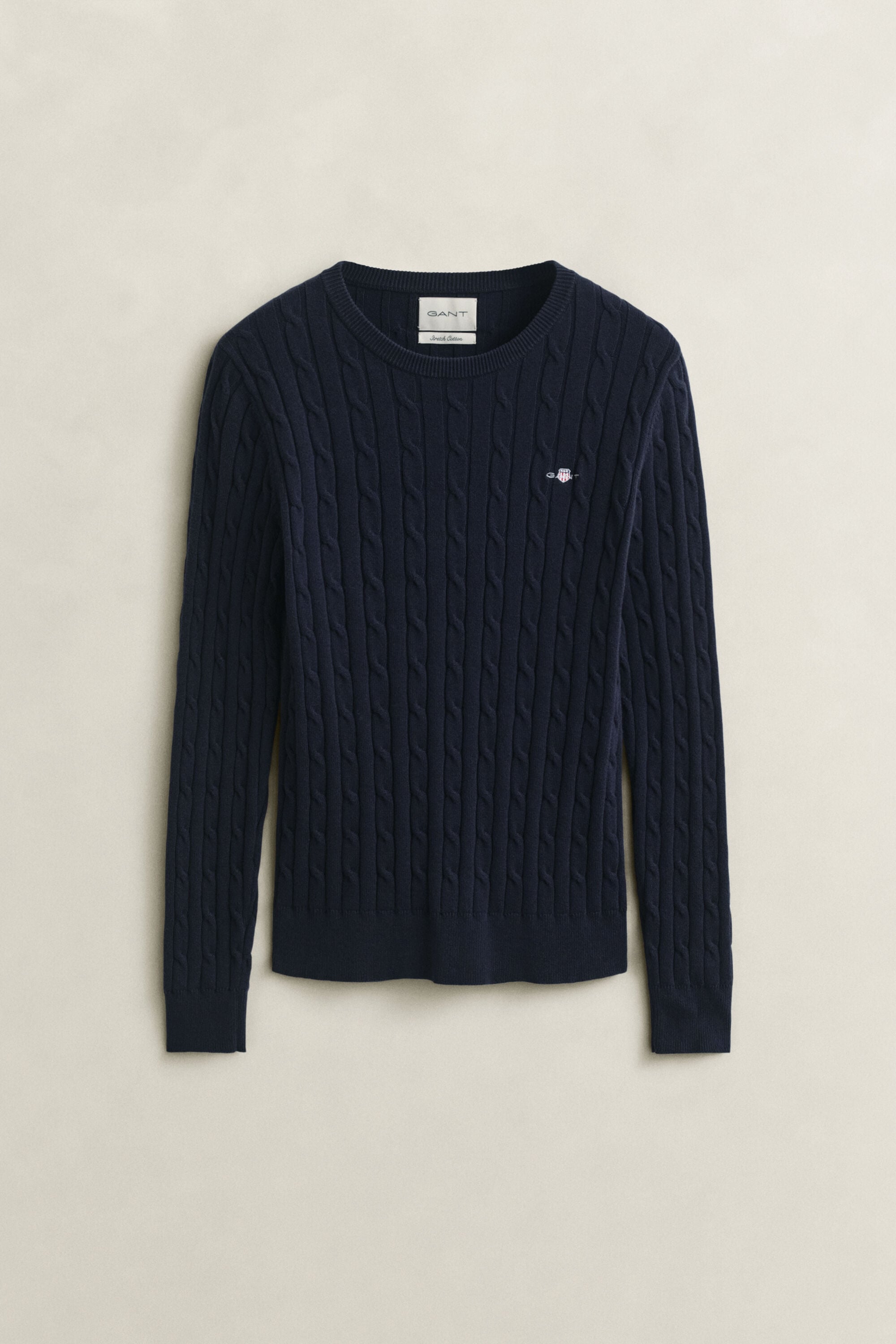 Stretch Cotton Cable Knit Crew Neck Sweater