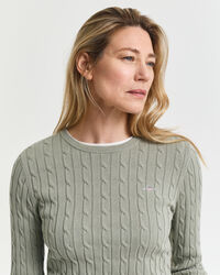 Stretch Cotton Cable Knit Crew Neck Sweater