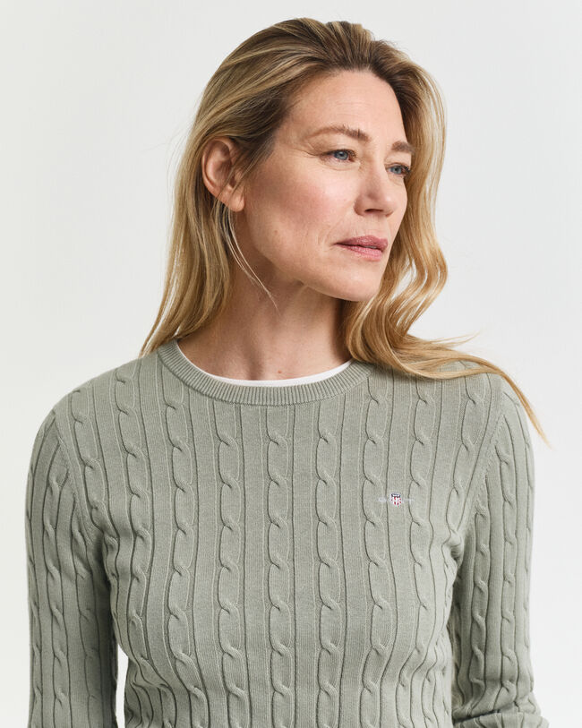 Stretch Cotton Cable Knit Crew Neck Sweater