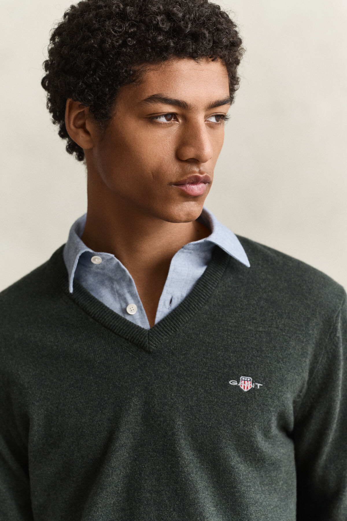 Lambswool V-Neck Sweater — DARK MOSS GREEN
