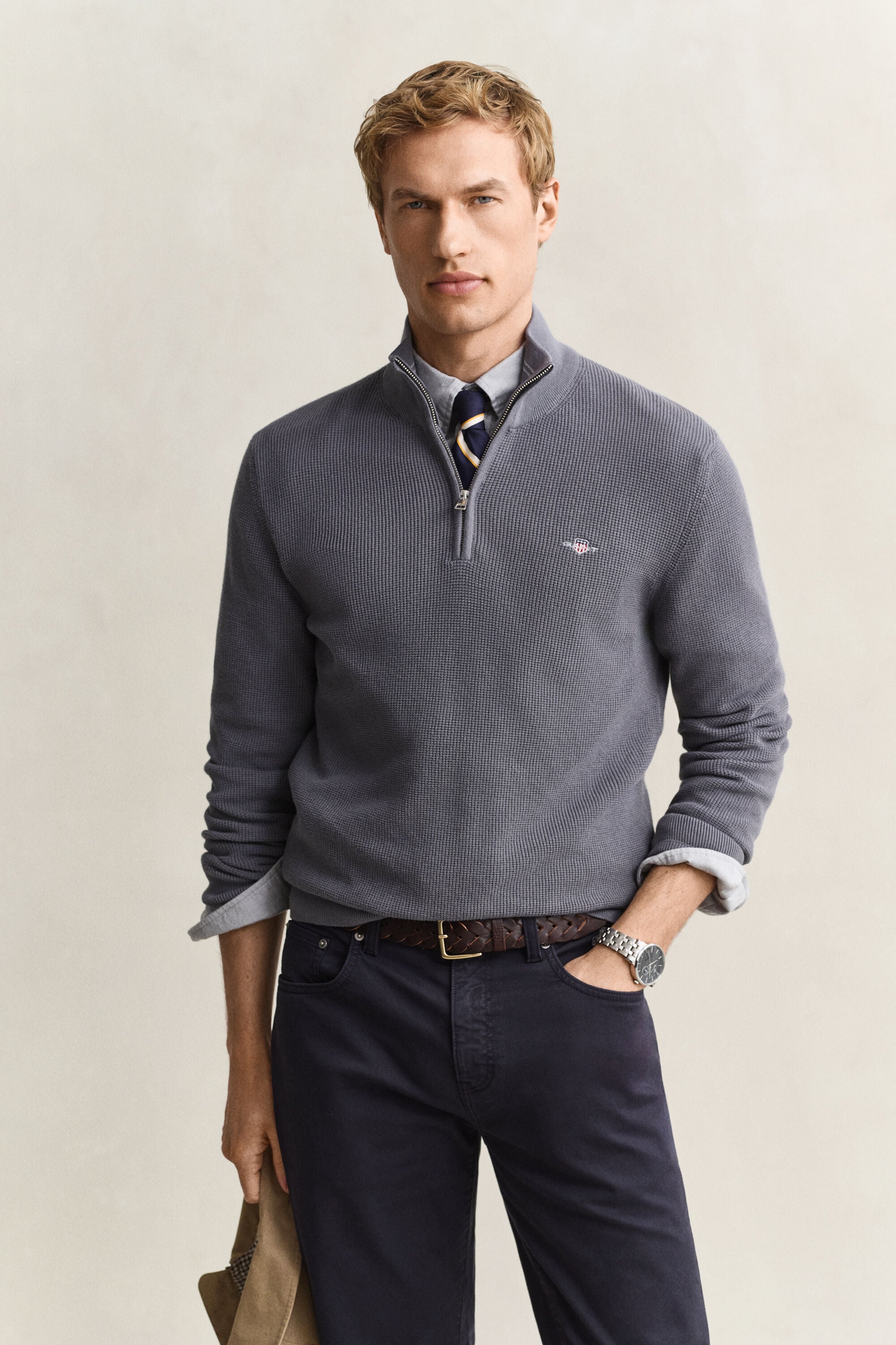 Textured Cotton Half-Zip Sweater