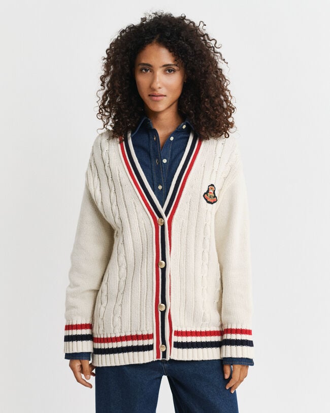 Gant Varsity Cable Knit V-Neck Cardigan
