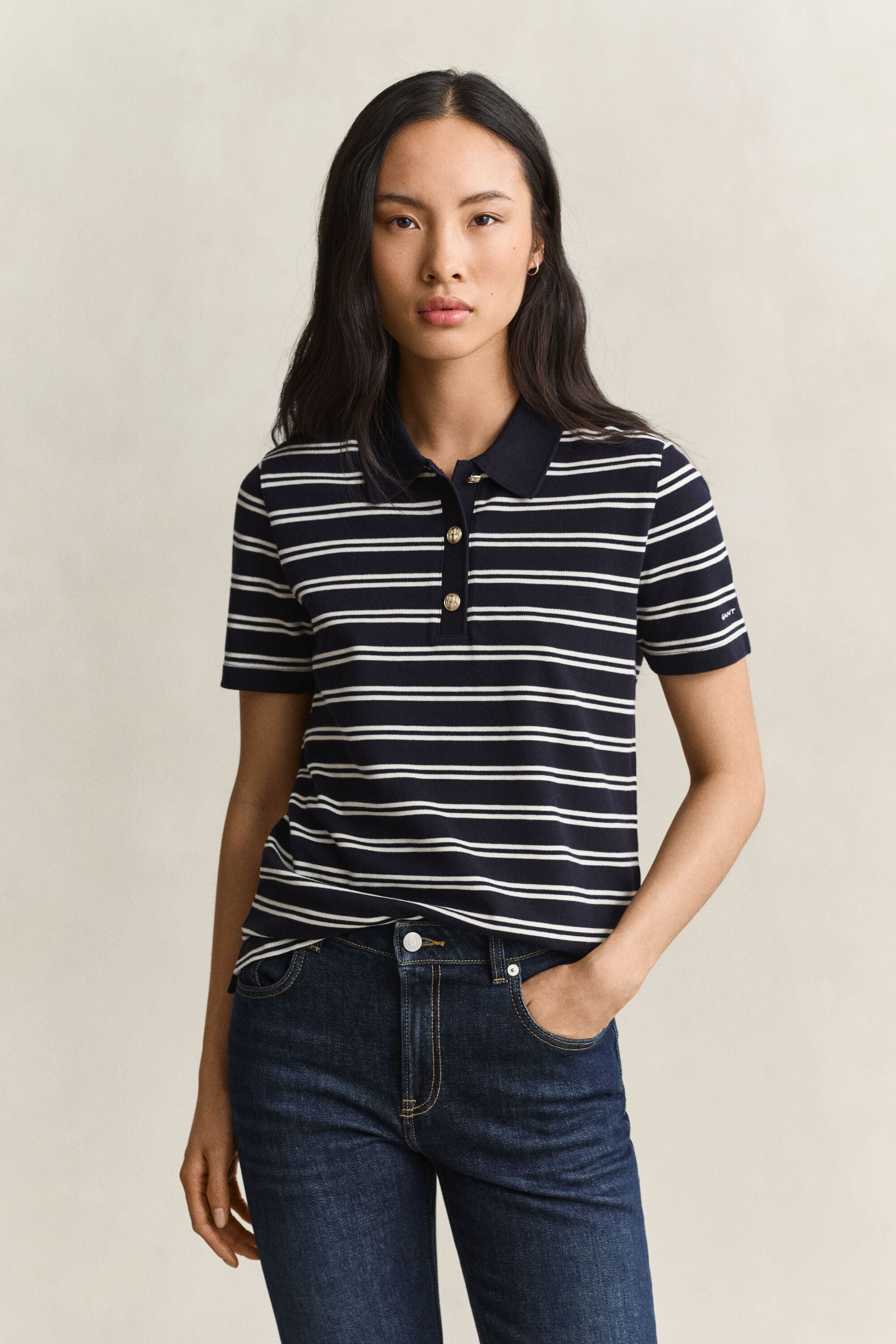 Striped Piqué Polo Top