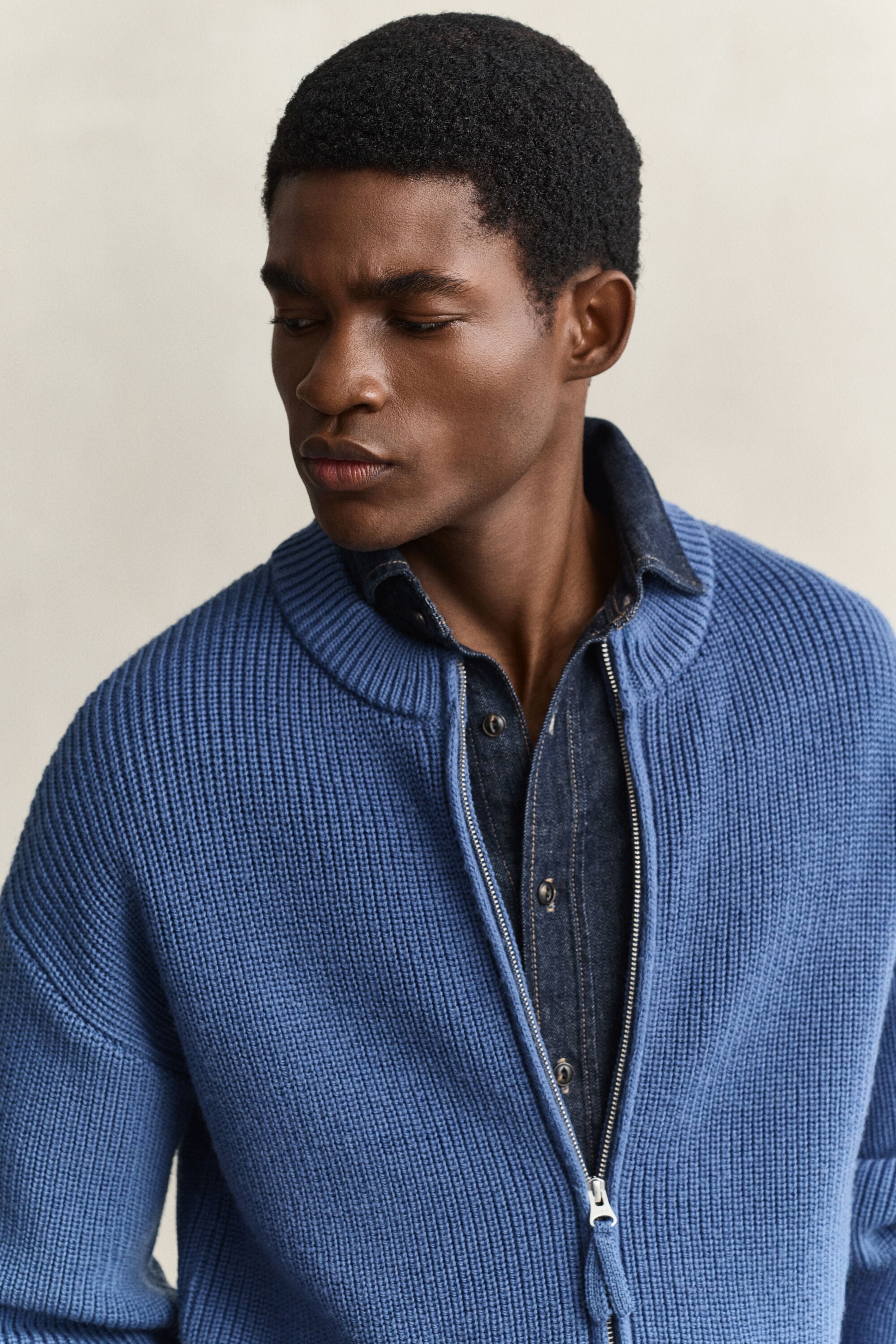 Ribbed Wool Zip Cardigan — BLUE HORIZON