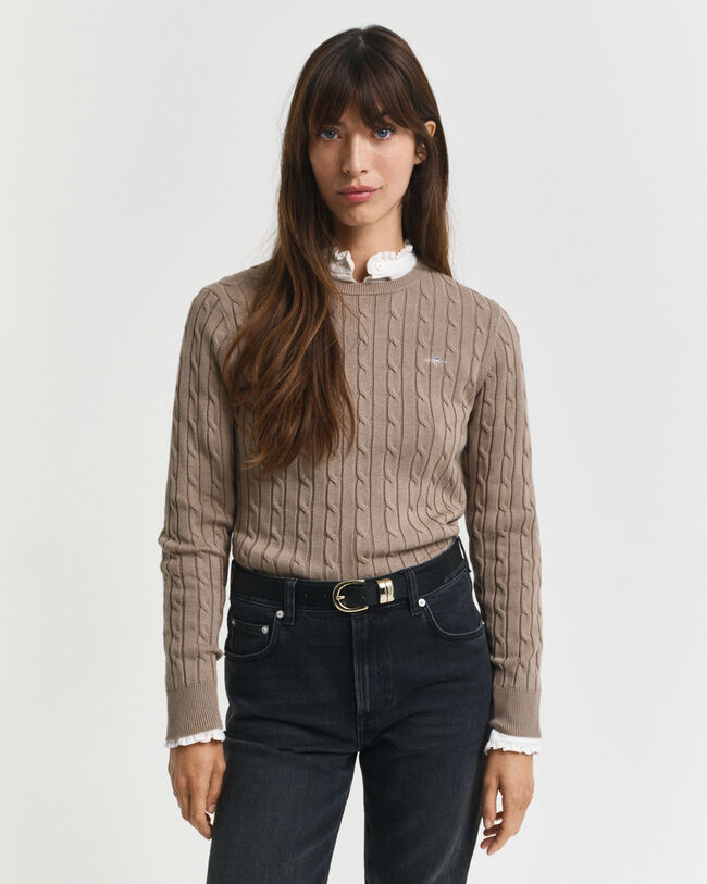 Stretch Cotton Cable Knit Crew Neck Sweater
