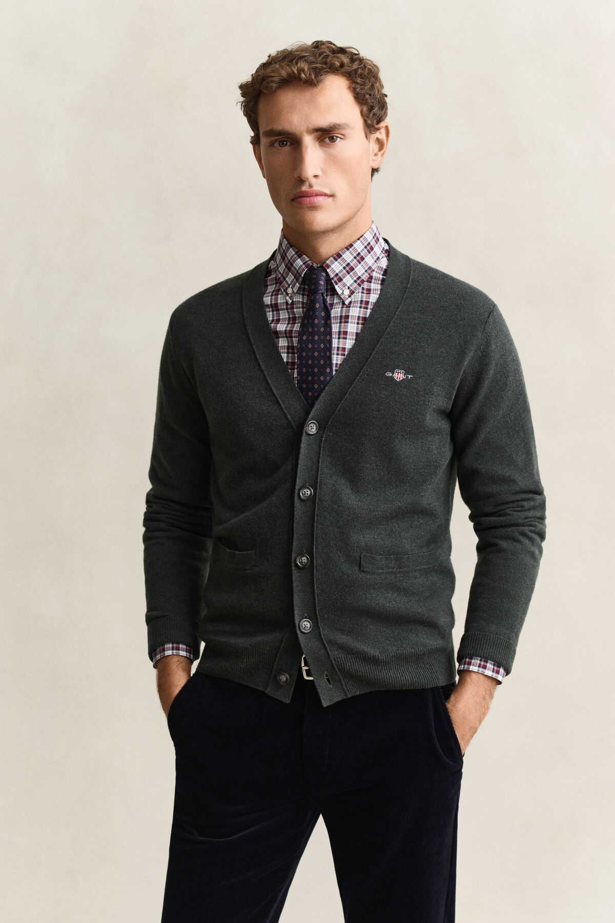 Lambswool V-Neck Cardigan — DARK MOSS GREEN