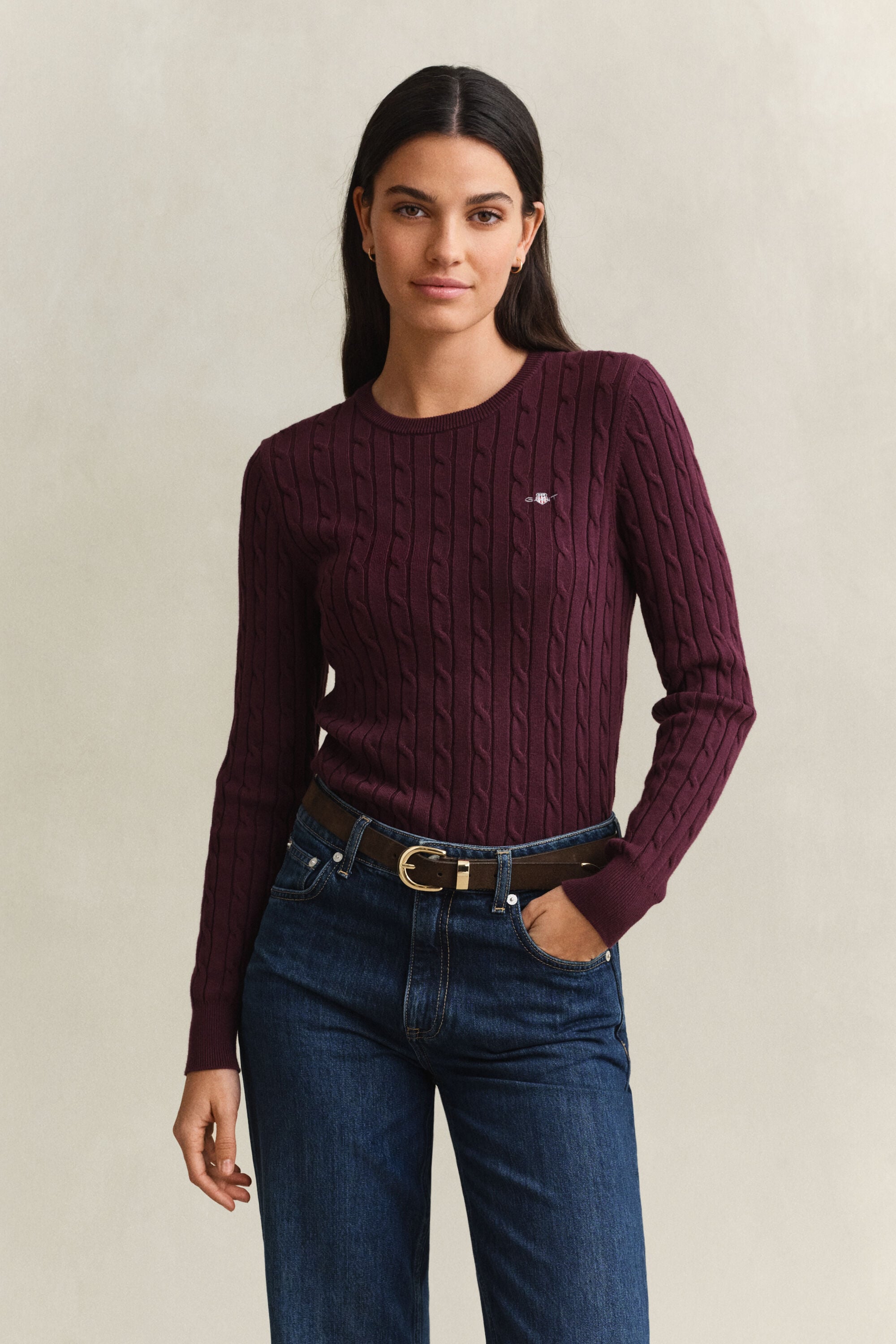 Stretch Cotton Cable Knit Crew Neck Sweater