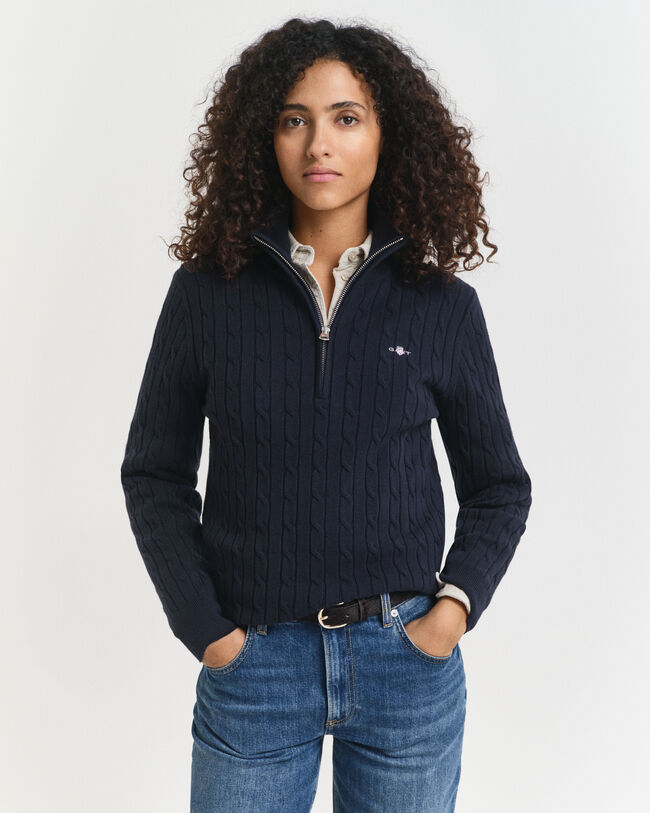 Stretch Cotton Cable Knit Half-Zip Sweater