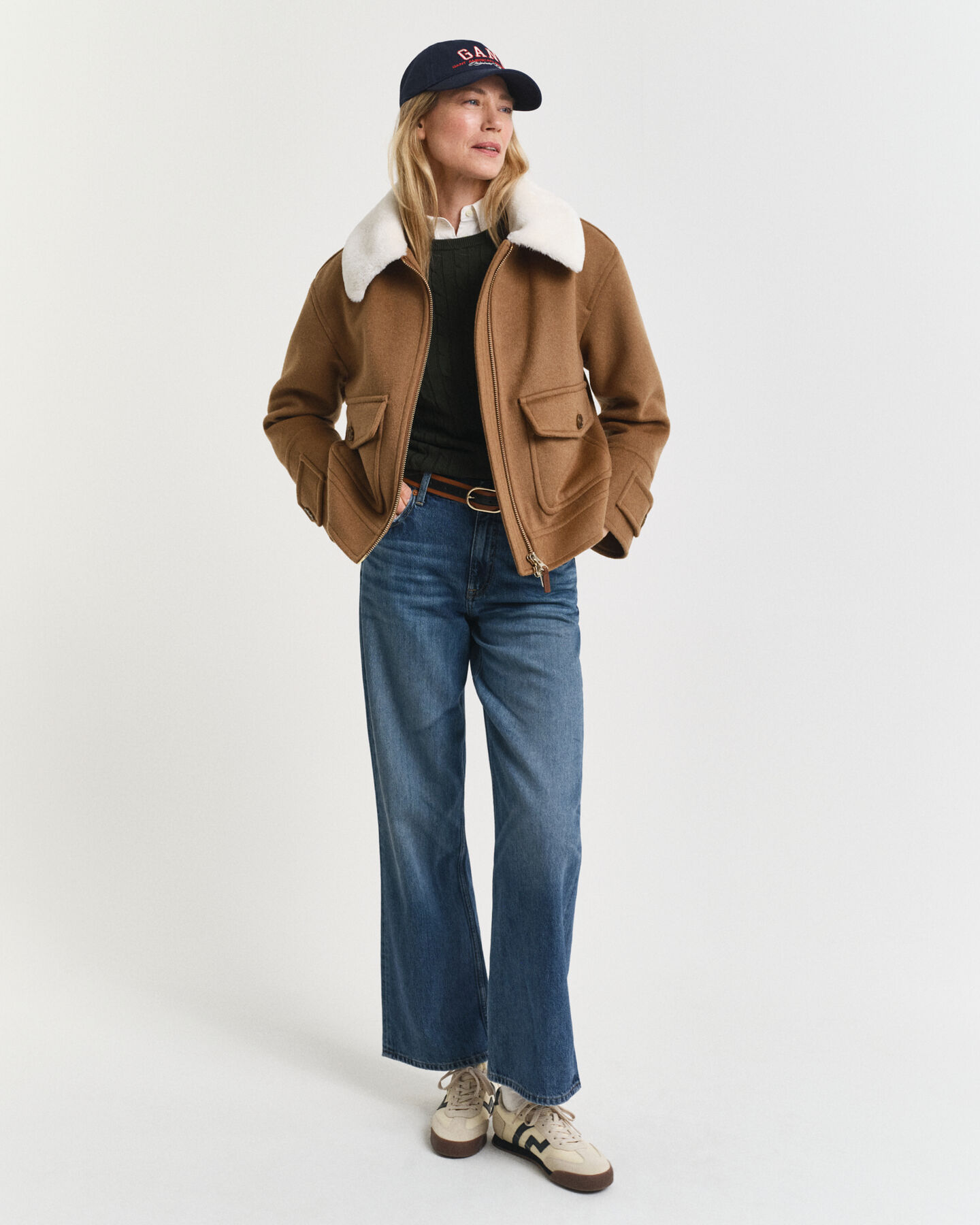 Stretch Cotton Cable Knit Crew Neck Sweater