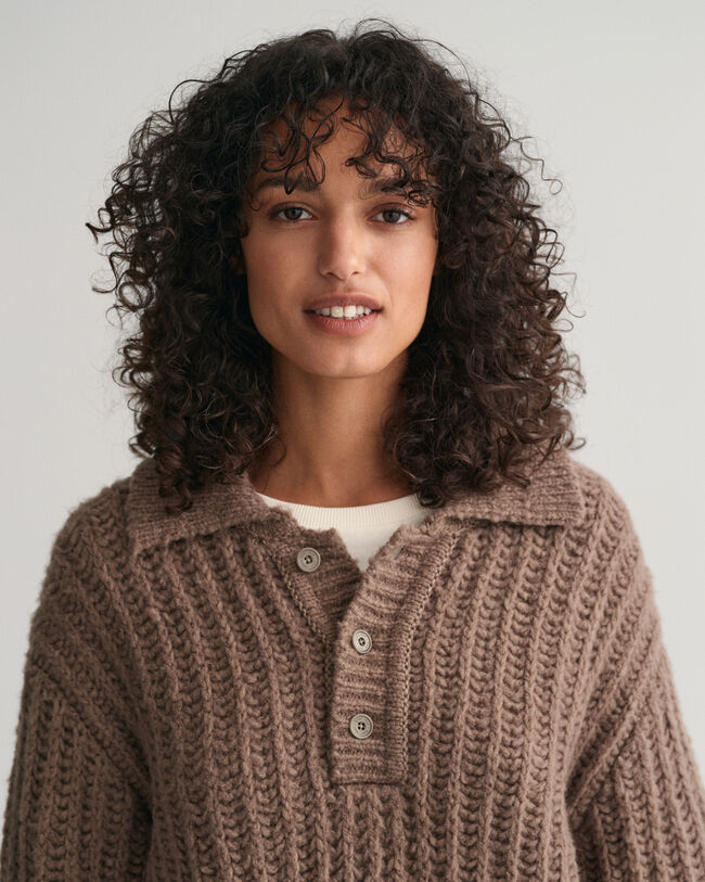 Curly Wool Ribbed Polo Sweater