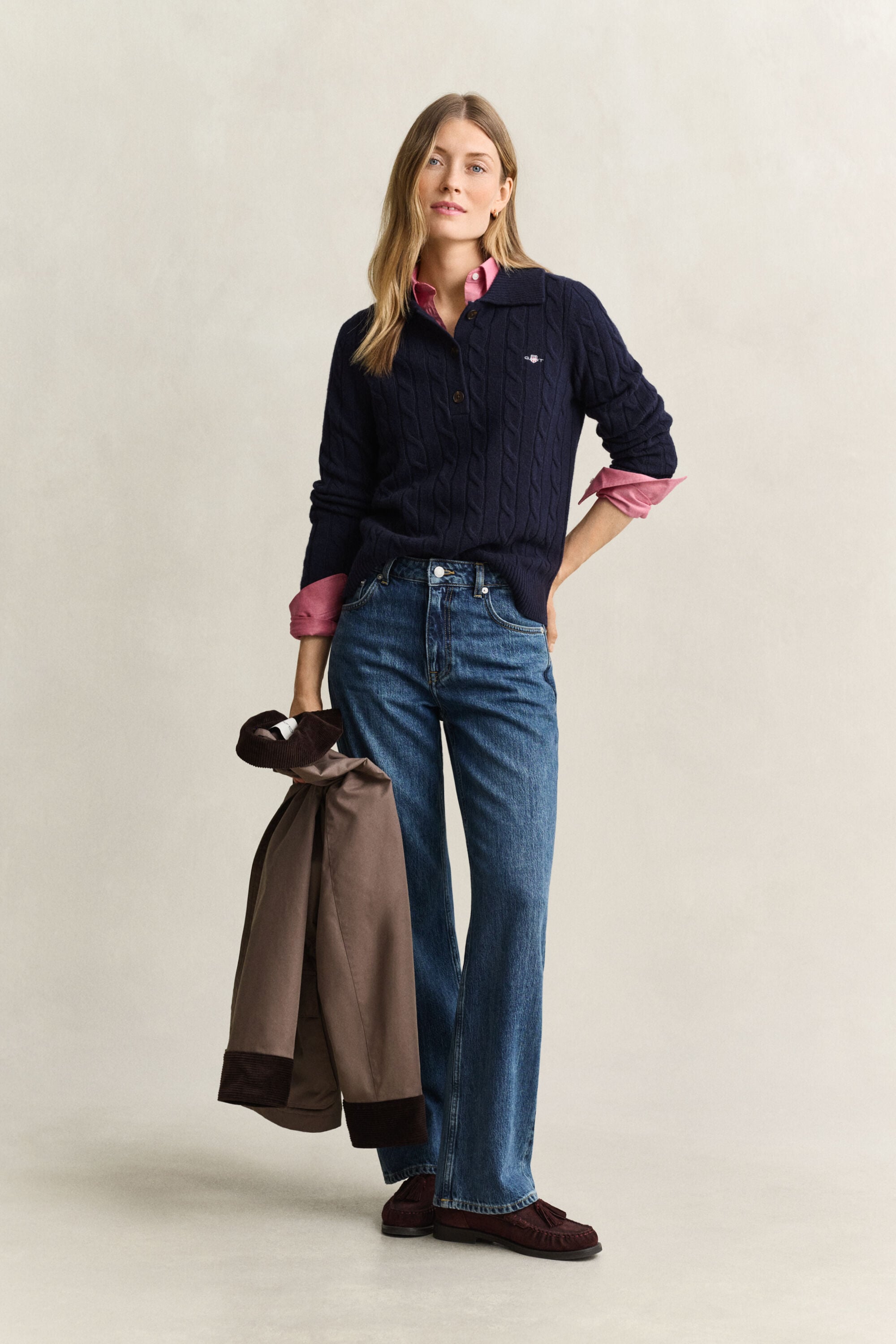 Lambswool Cable Knit Rugger — EVENING BLUE
