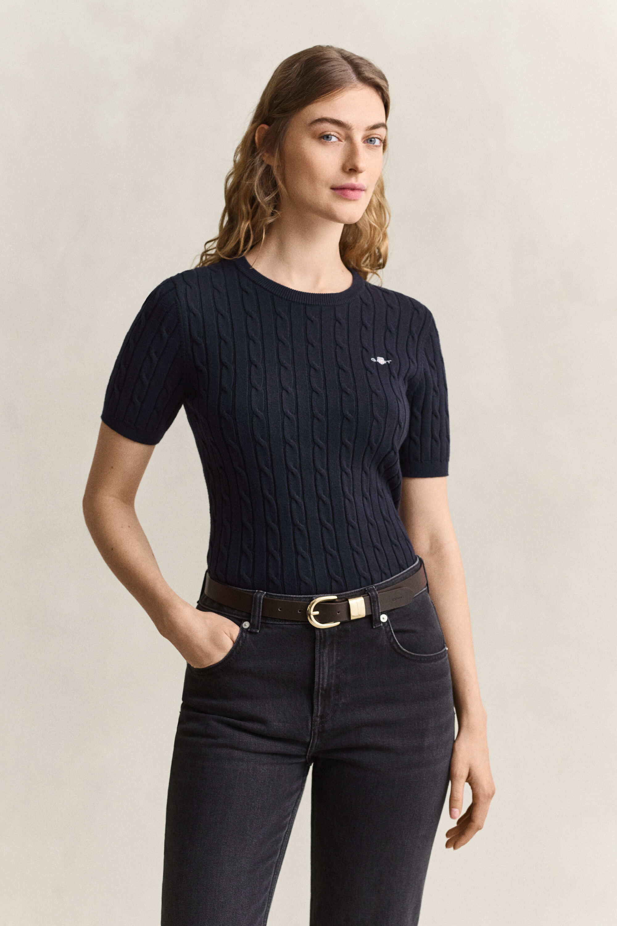 Stretch Cotton Cable Knit Short Sleeve Sweater