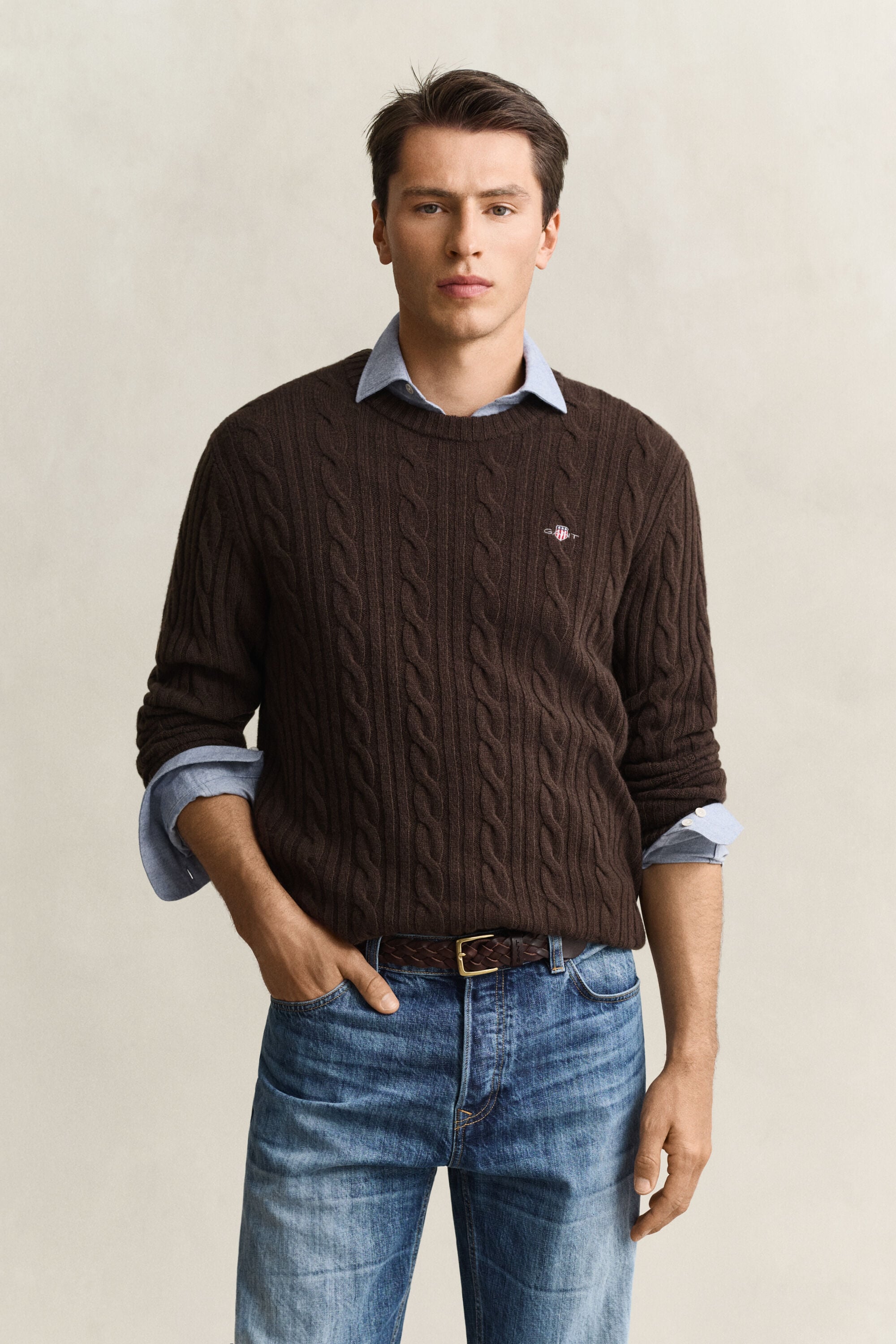 Lambswool Cable Knit Crew Neck Sweater — BLACK BROWN
