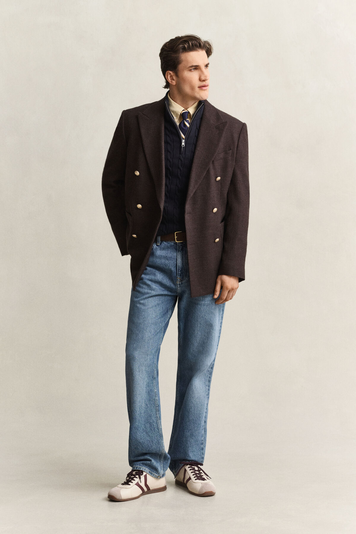 Cotton Cable Knit Half-Zip Sweater — EVENING BLUE