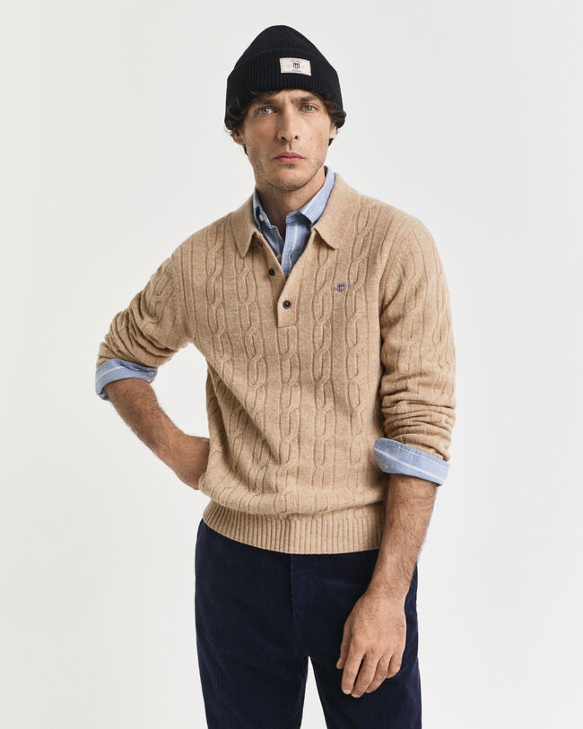 Lambswool Cable Knit Polo Sweater