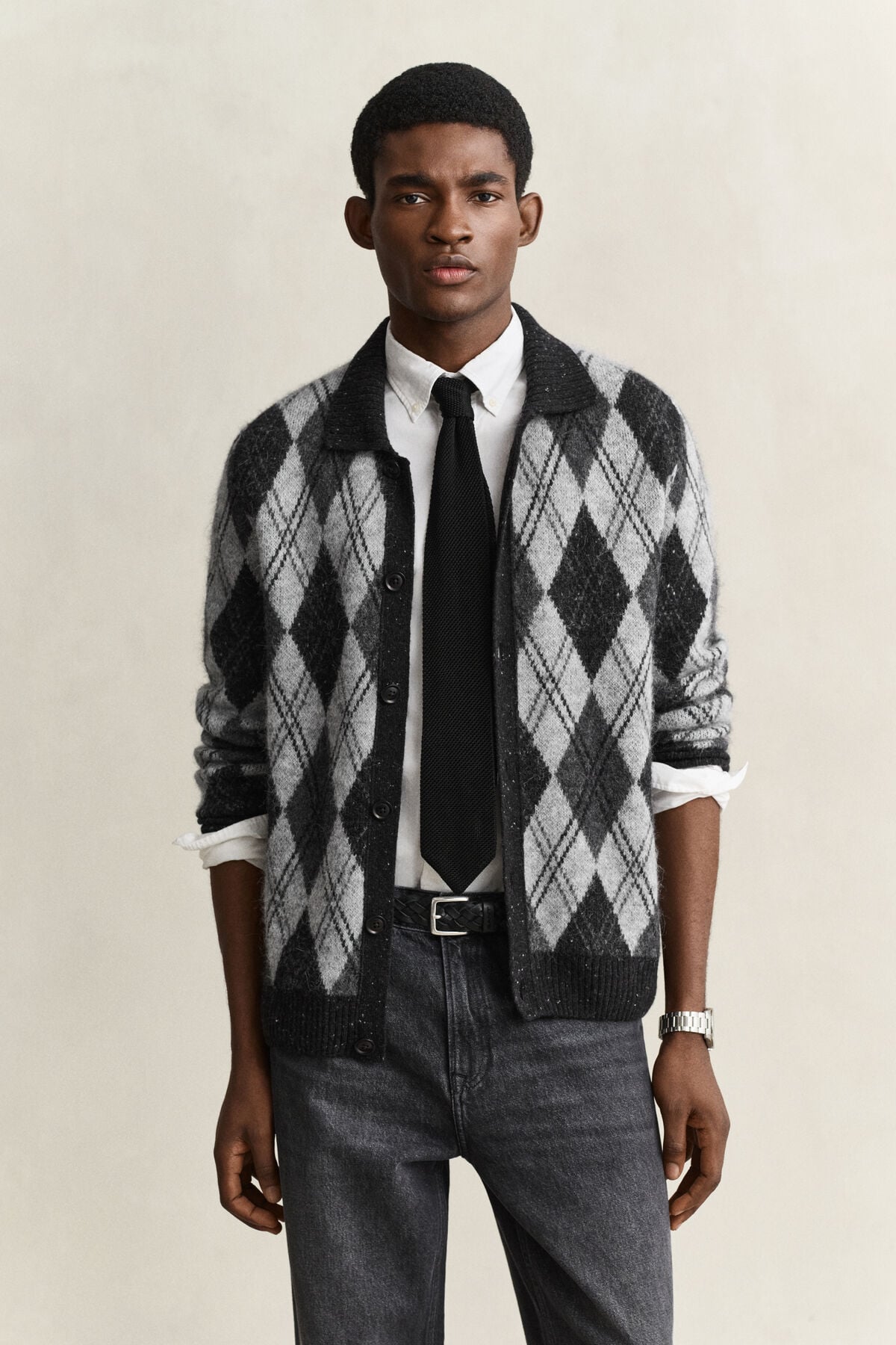 Alpaca Wool Blend Argyle Polo Cardigan — BLACK