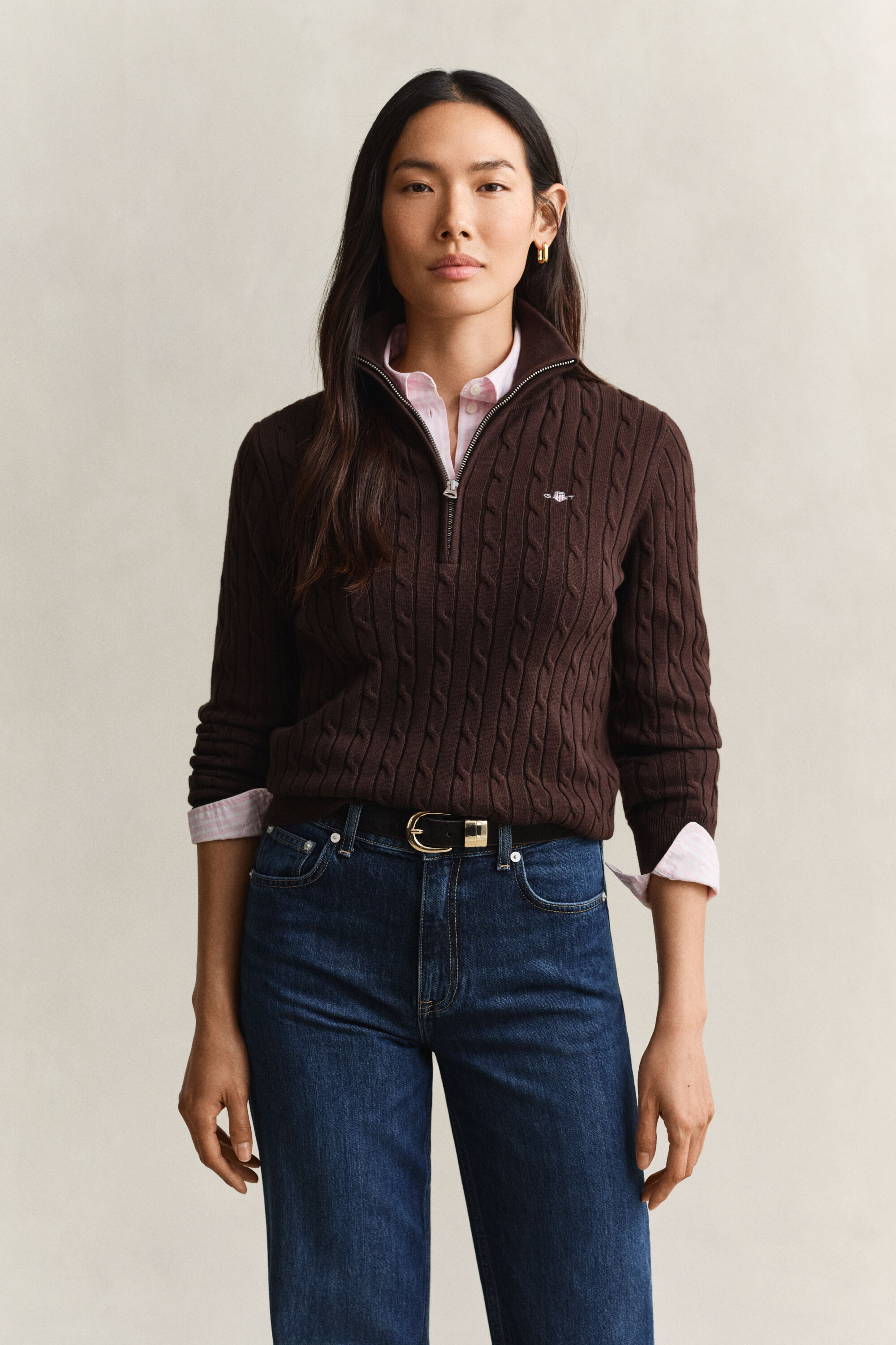 Stretch Cotton Cable Knit Half-Zip Sweater