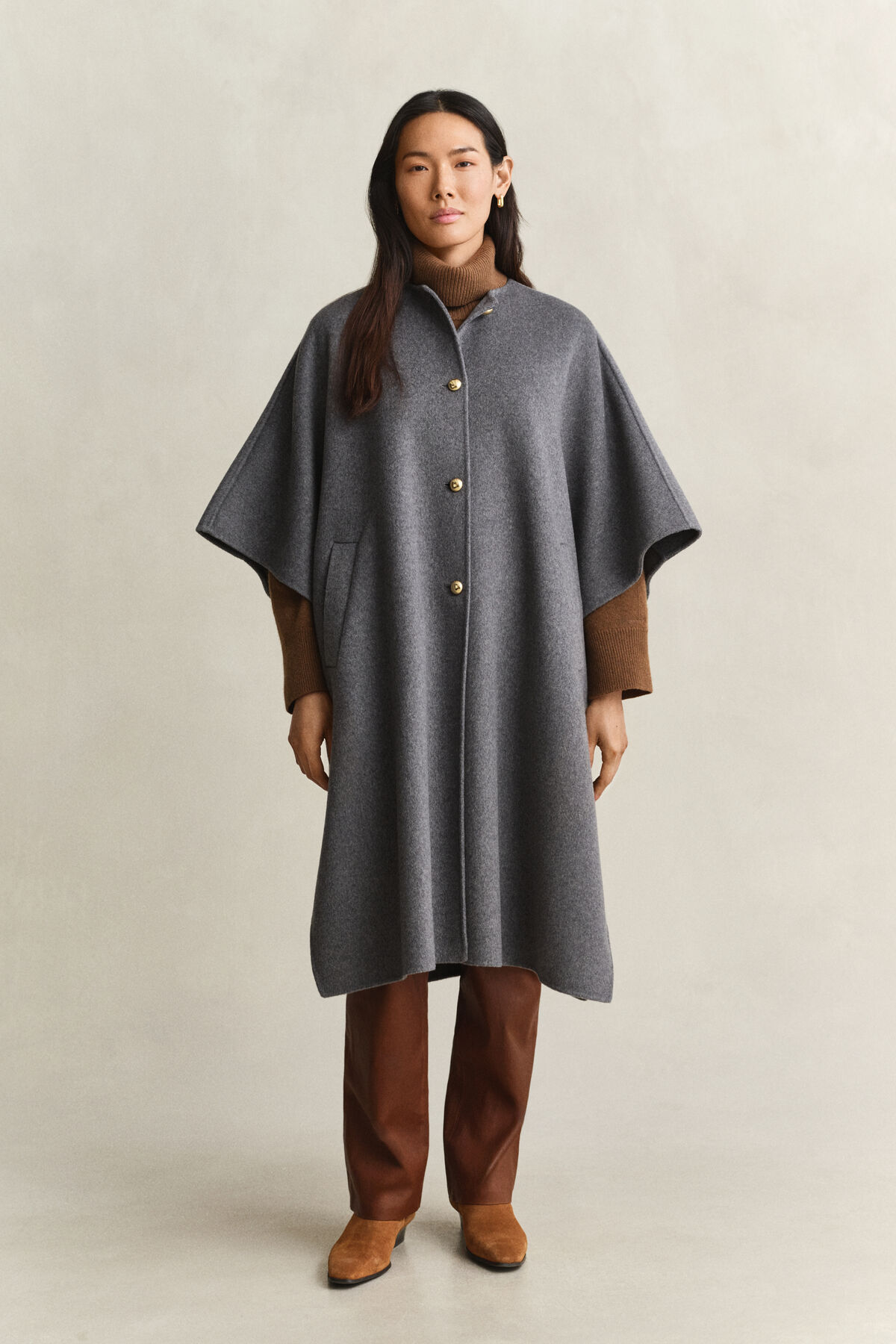 Handstitched Cape Coat — CHARCOAL MELANGE