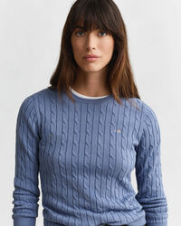 Stretch Cotton Cable Knit Crew Neck Sweater