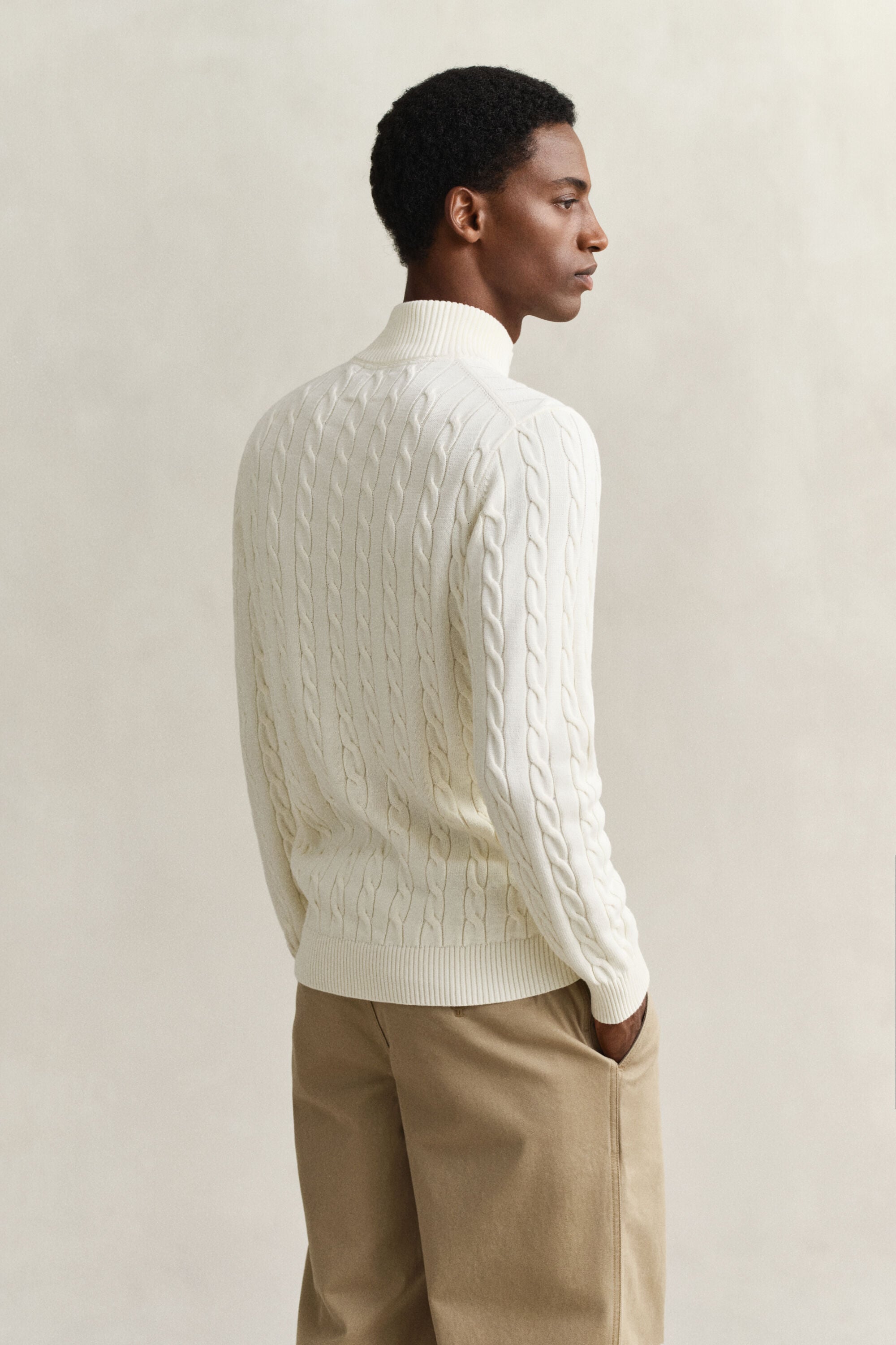 Cotton Cable Knit Half-Zip Sweater — CREAM
