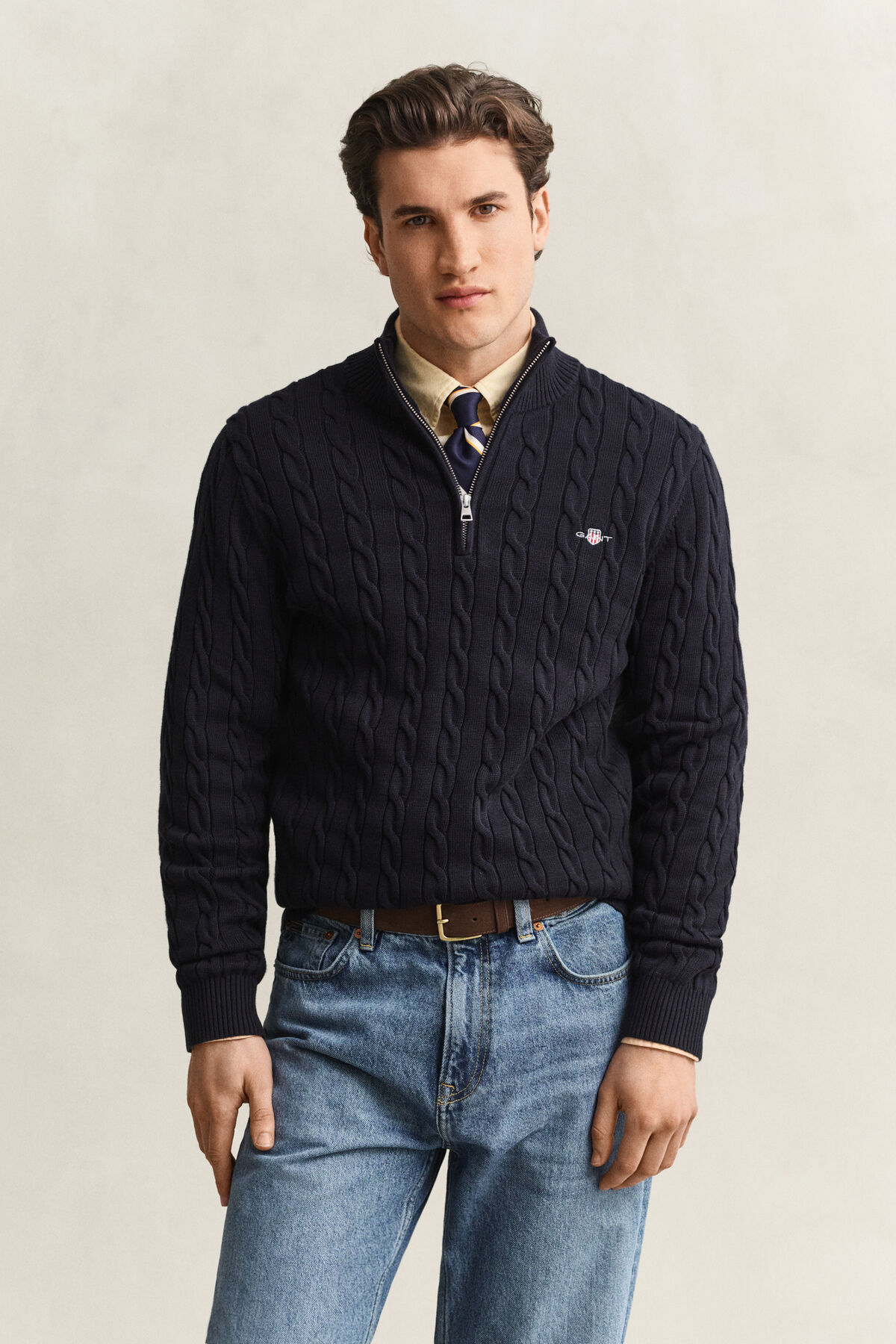 Cotton Cable Knit Half-Zip Sweater — EVENING BLUE