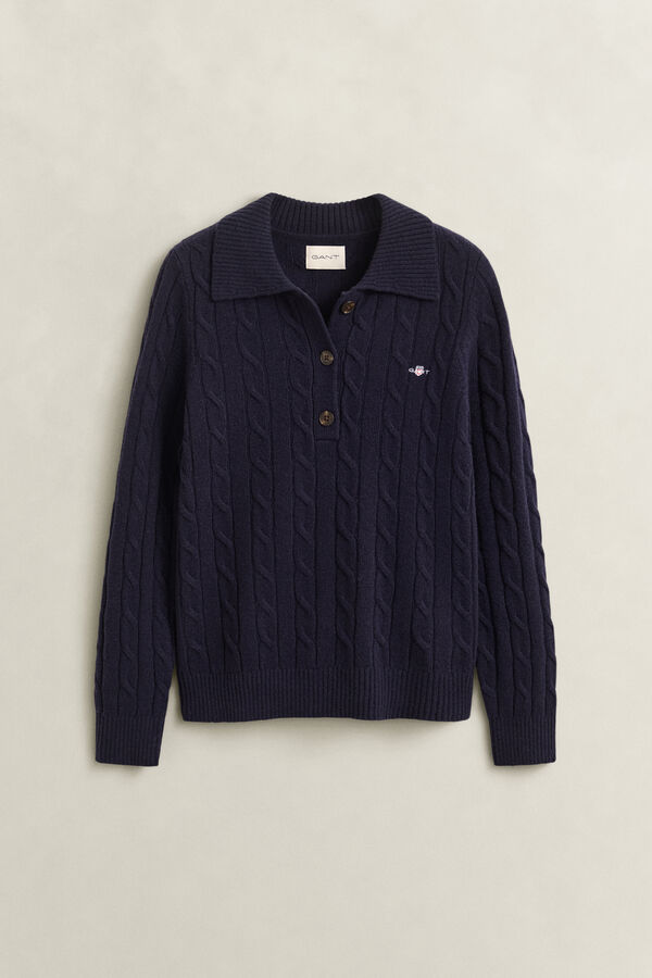 Lambswool Cable Knit Rugger — EVENING BLUE