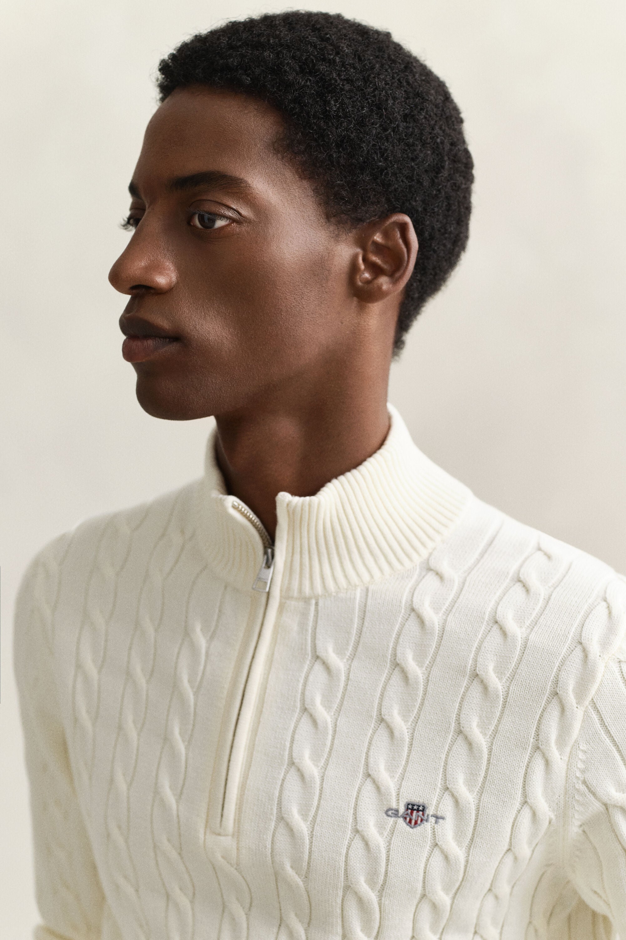 Cotton Cable Knit Half-Zip Sweater — CREAM