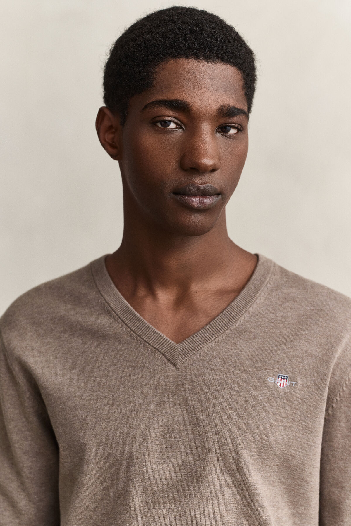 Cotton V-Neck Sweater — DK HAZELNUT MELANGE