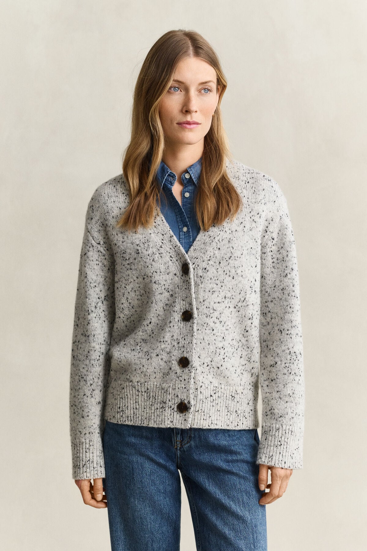 Wool Blend Nepps Cardigan — CREAM