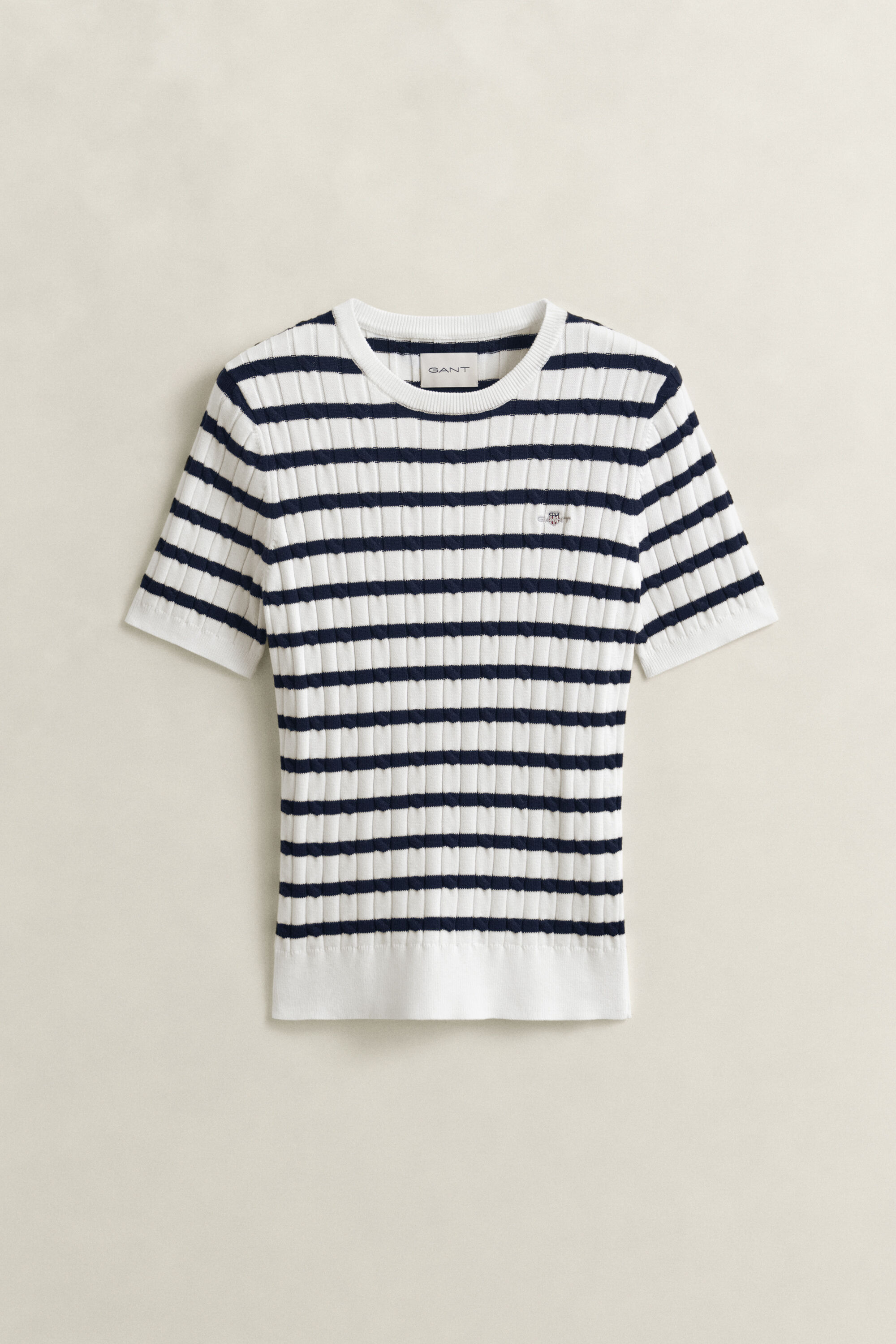 Striped Cable Knit Short Sleeve Sweater