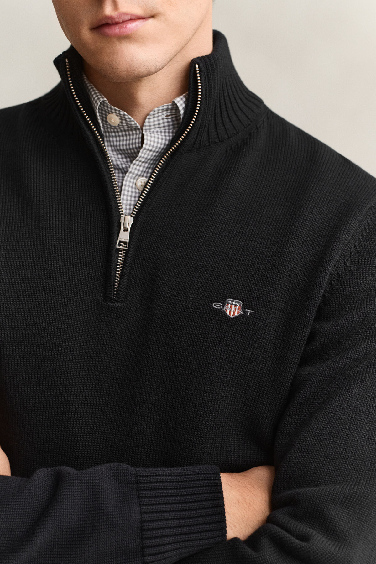 Casual Cotton Half-Zip Sweater — BLACK
