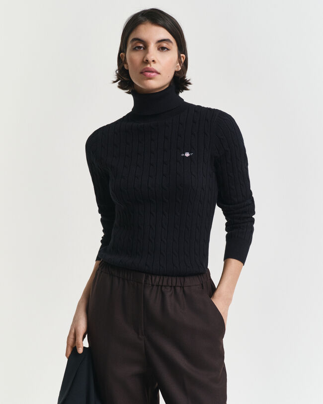 Stretch Cotton Cable Knit Turtleneck Sweater