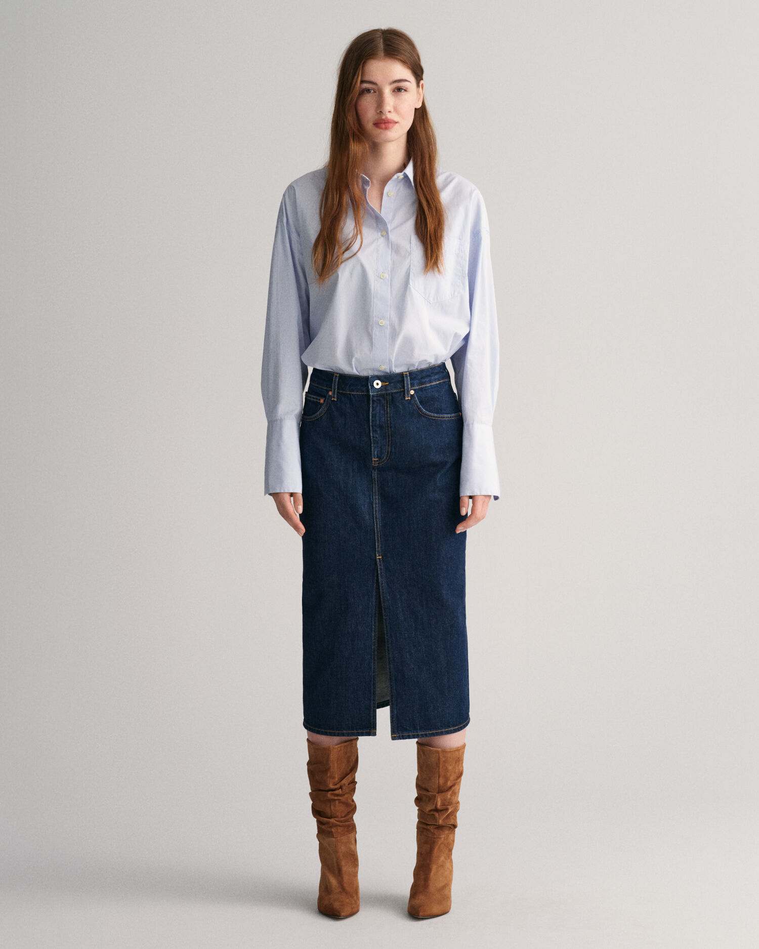 Medium Wash Solid Stretch Midi Denim Skirt Classy Closet Online Modest  Boutique Iowa – Classy Closet Shop