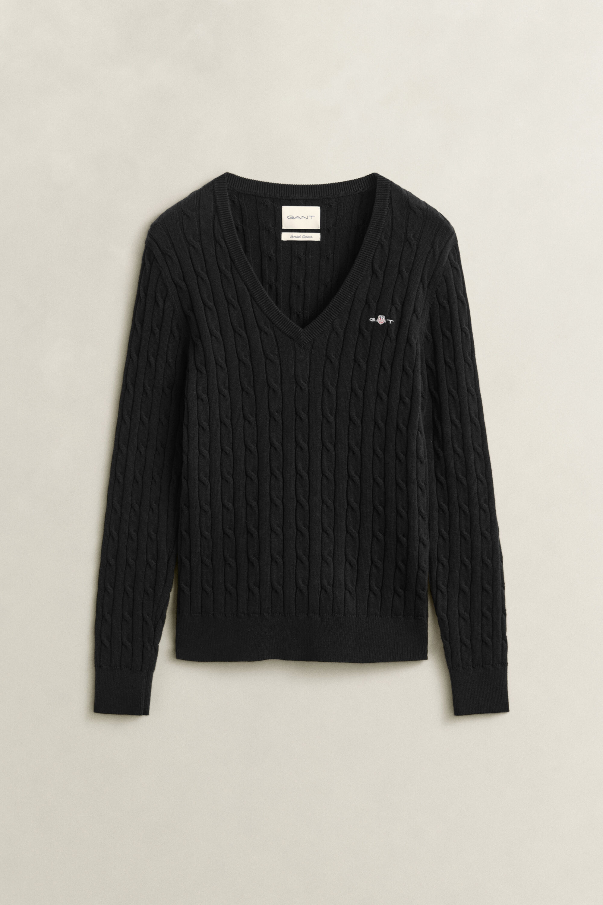 Stretch Cotton Cable Knit V-Neck Sweater