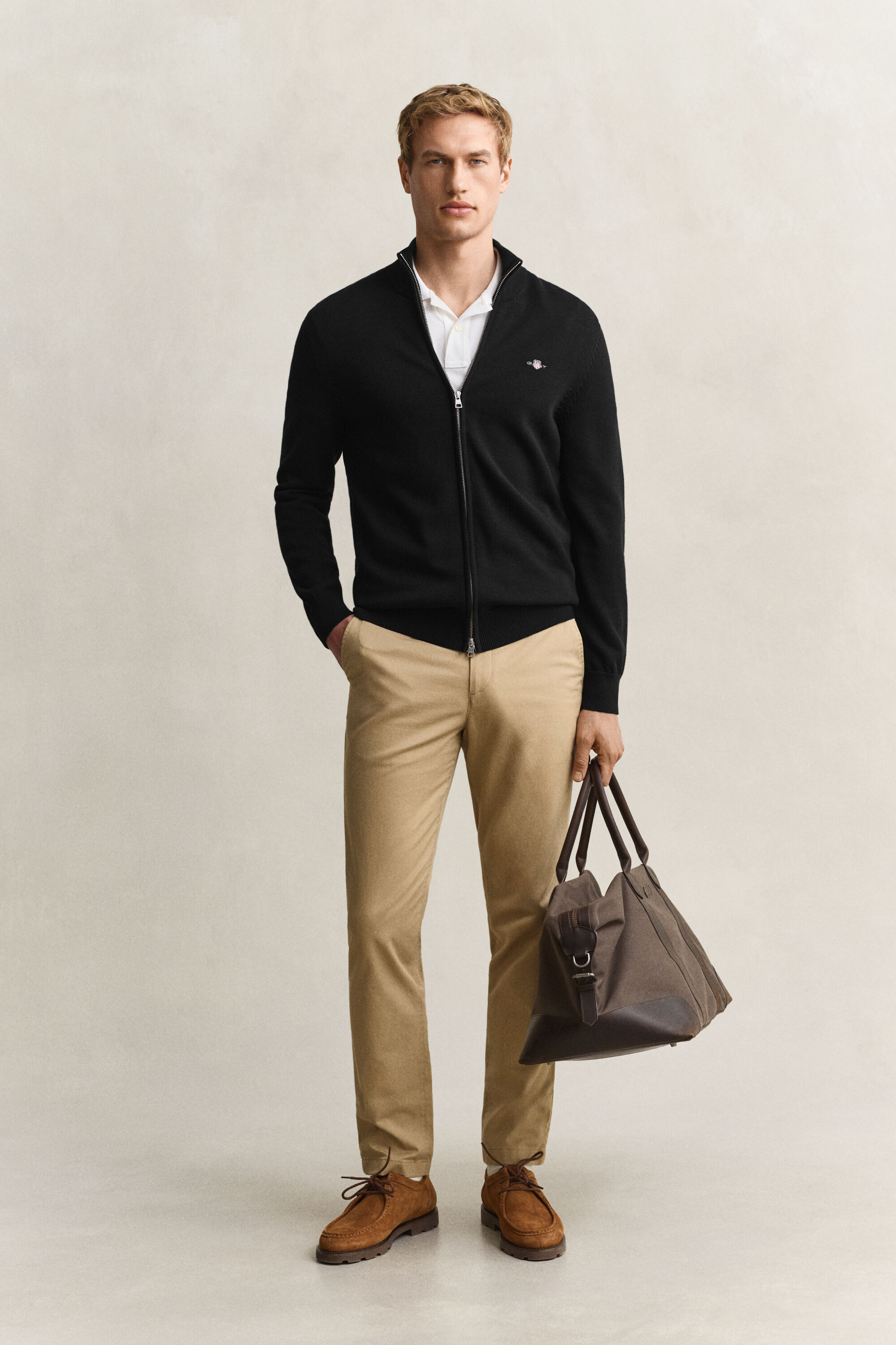 Casual Cotton Zip Cardigan — BLACK