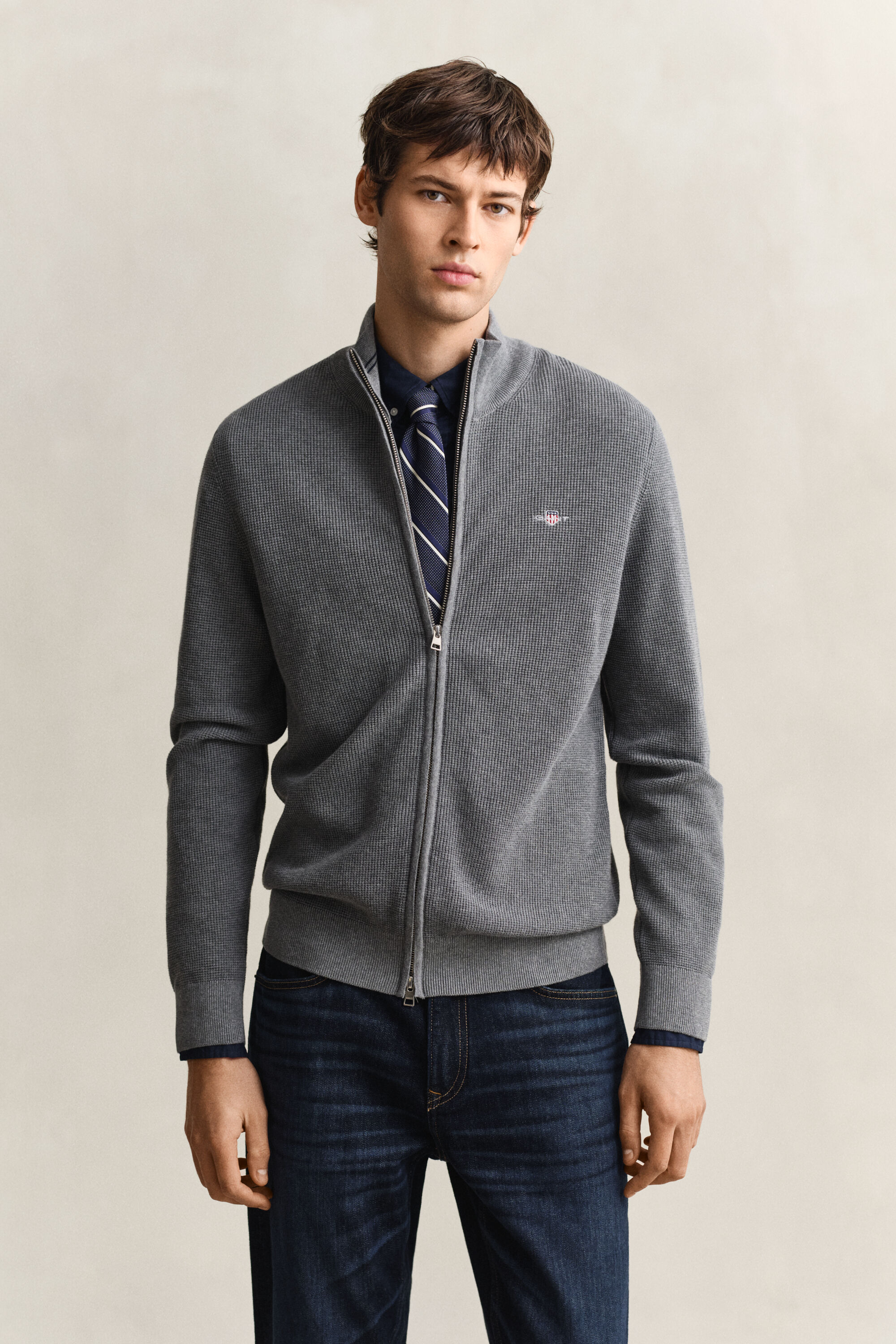 Textured Cotton Zip Cardigan