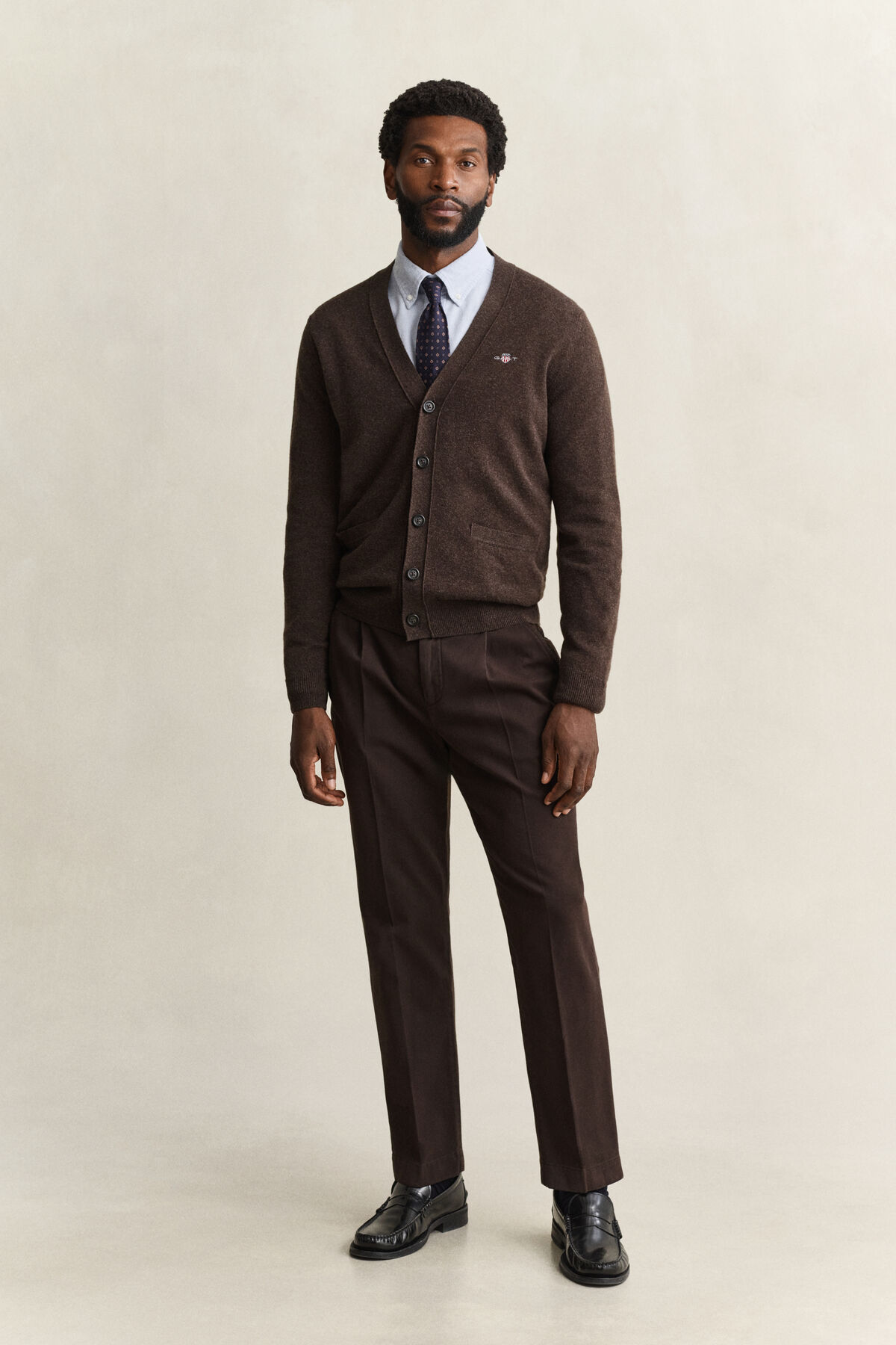 Lambswool V-Neck Cardigan — DARK BROWN MELANGE