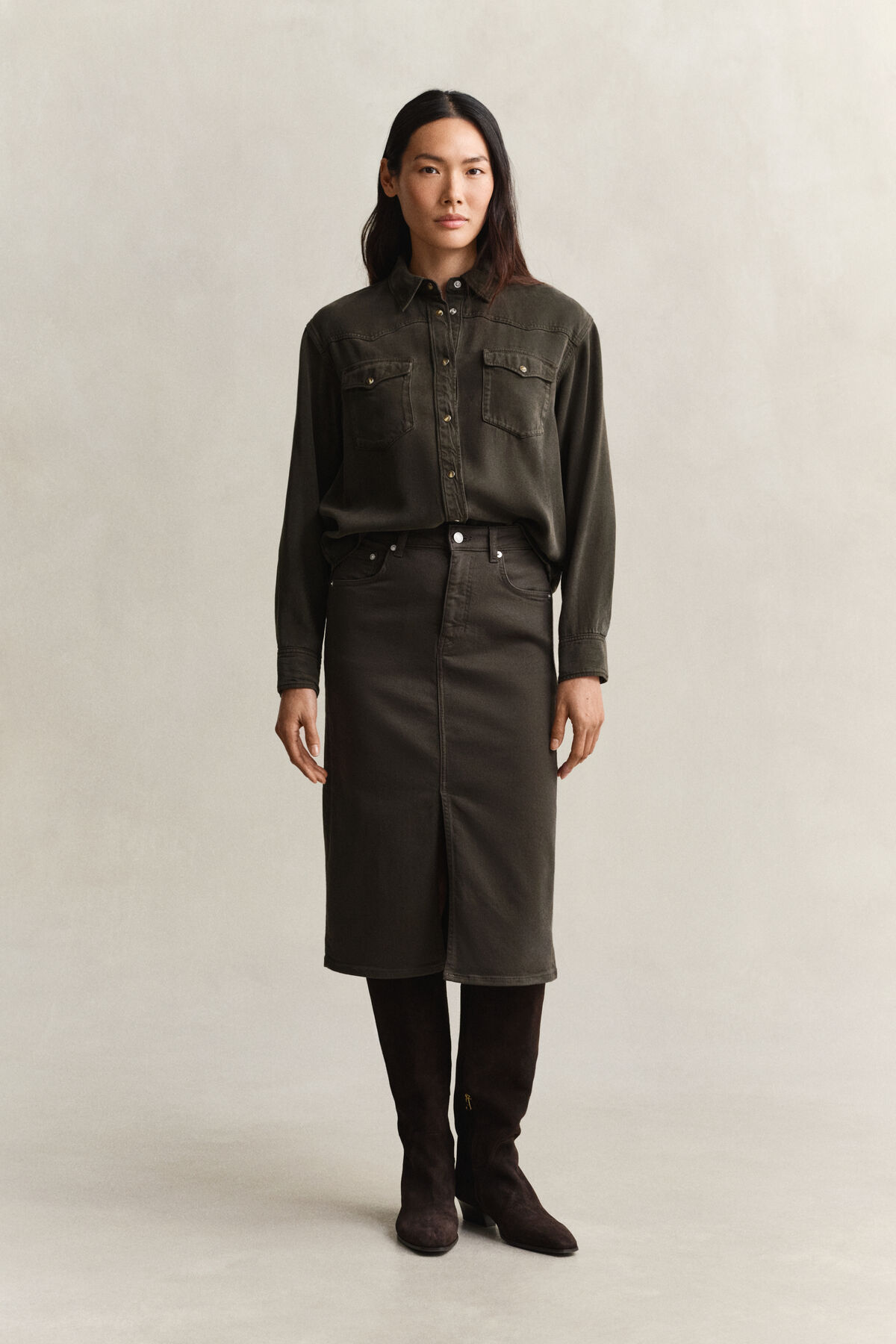 Twill Colored Pencil Skirt — DARK MOSS GREEN