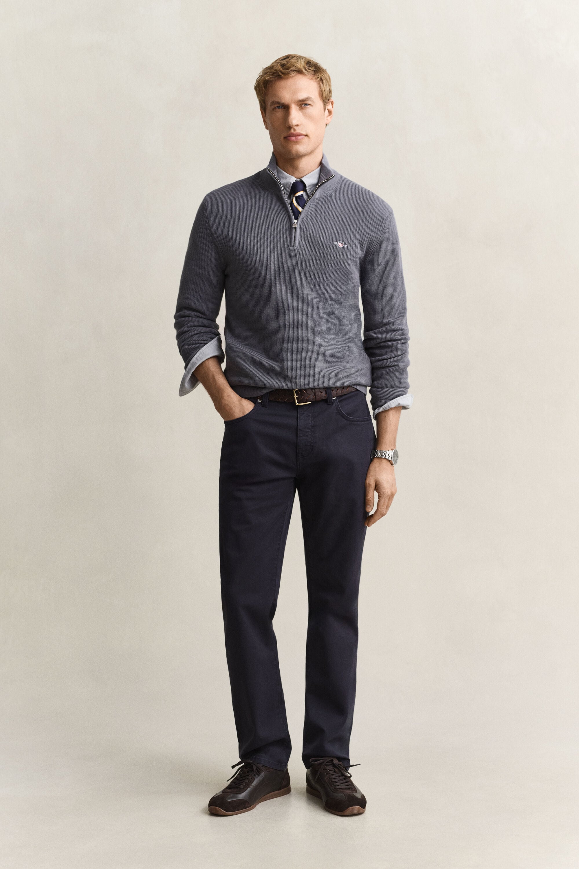 Textured Cotton Half-Zip Sweater
