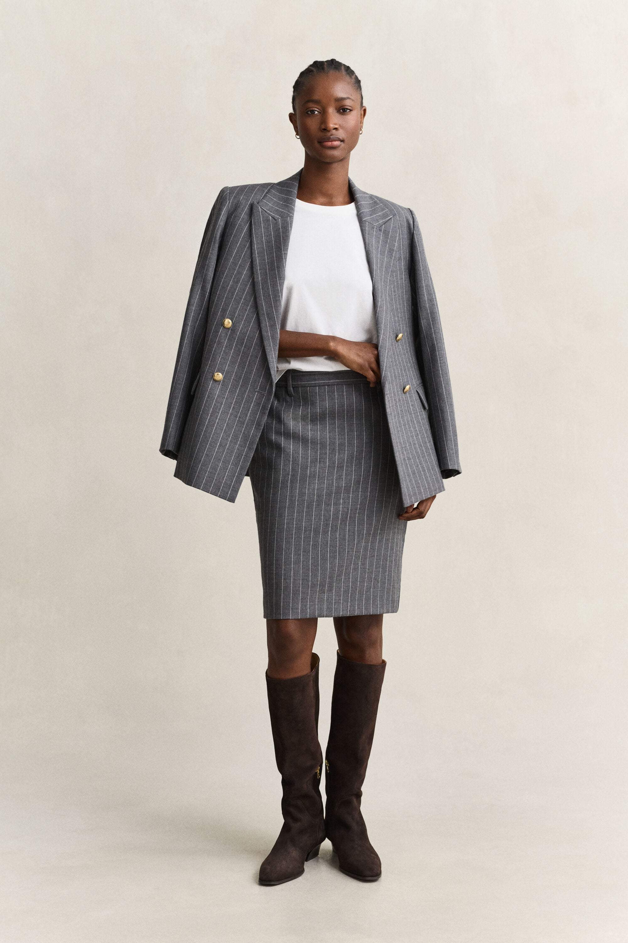 Pinstriped Wool Pencil Skirt