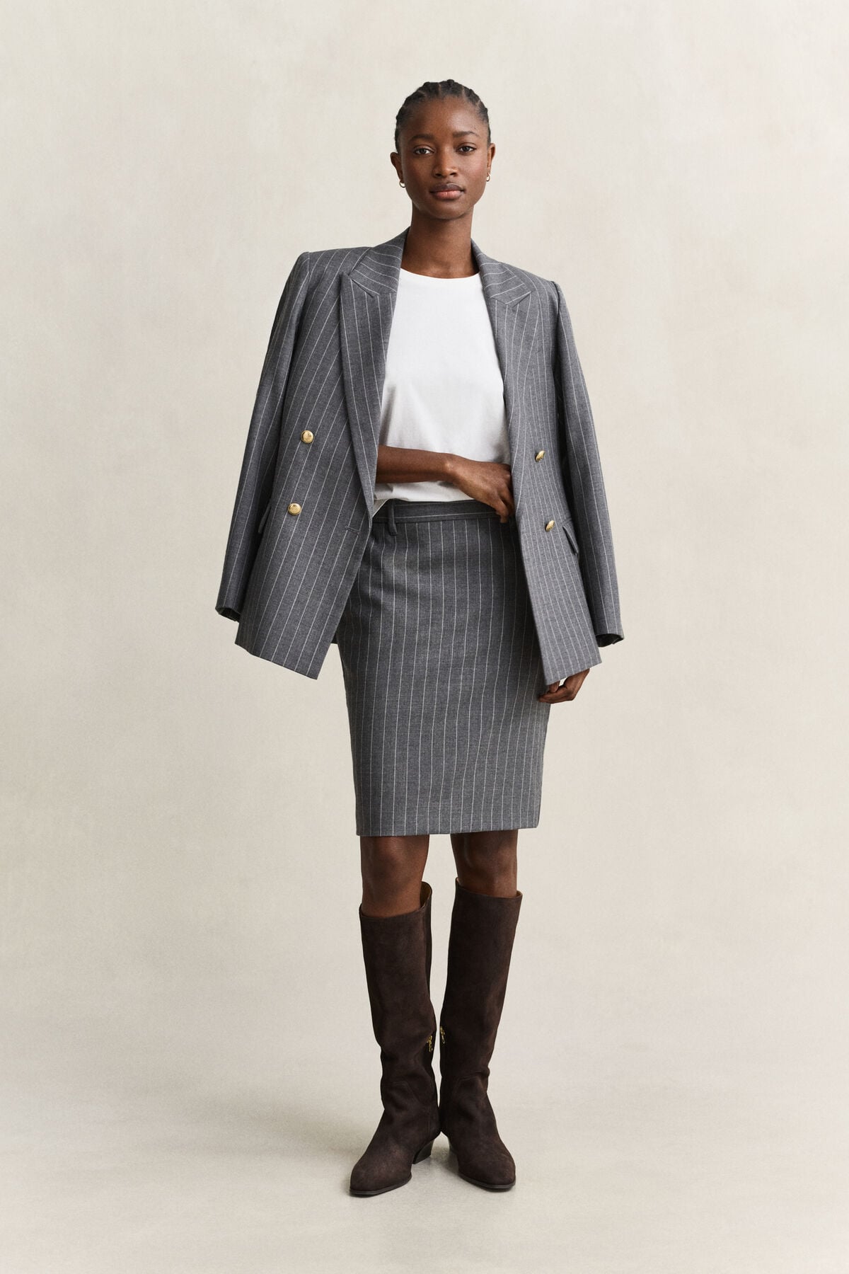 Pinstriped Wool Pencil Skirt — CHARCOAL MELANGE