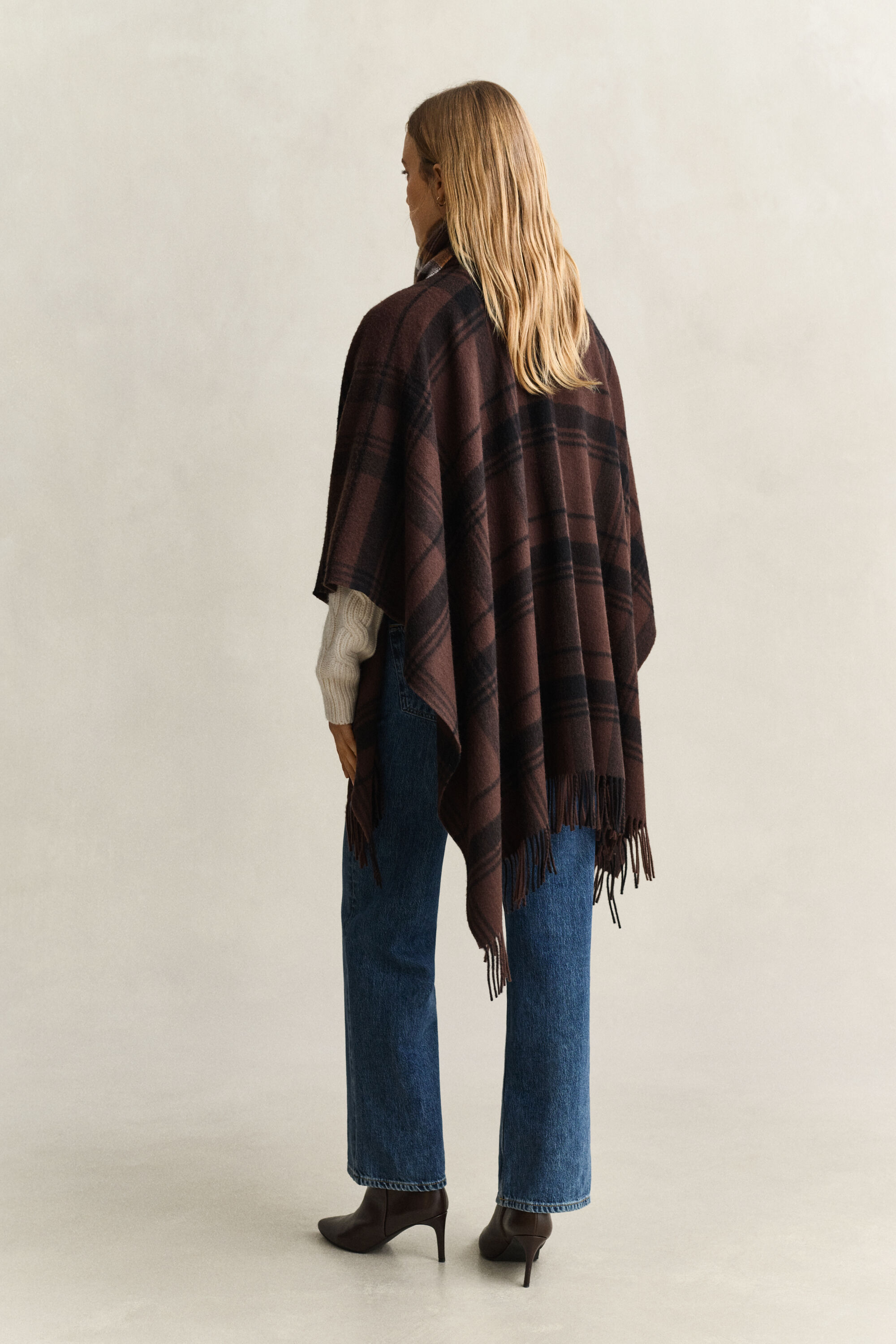 Checked Wool Poncho — DEEP BROWN
